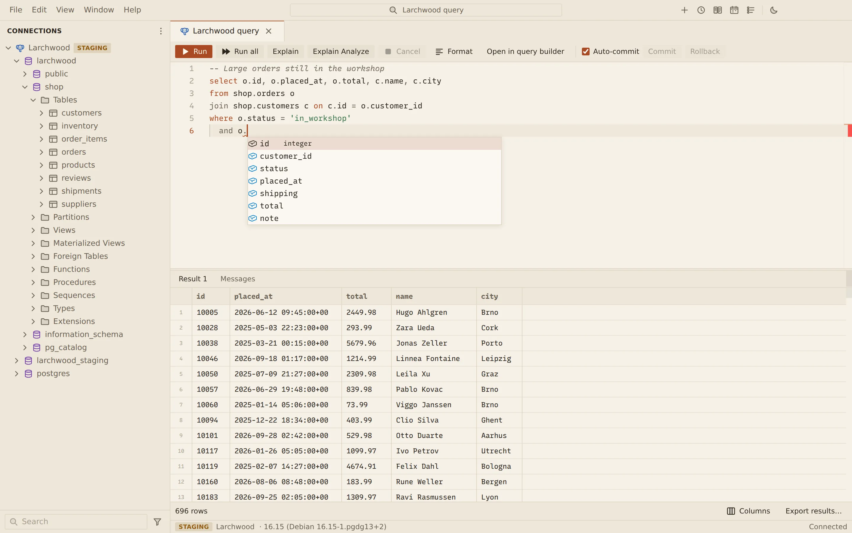 Querybara's SQL editor on the Larchwood database with a query joining shop.orders as o and shop.customers as c. After typing "and o." on the last line, the suggestion list opens under the cursor with the orders table's columns: id (integer), customer_id, status, placed_at, shipping, total and note. The result grid below shows 696 orders still in the workshop.