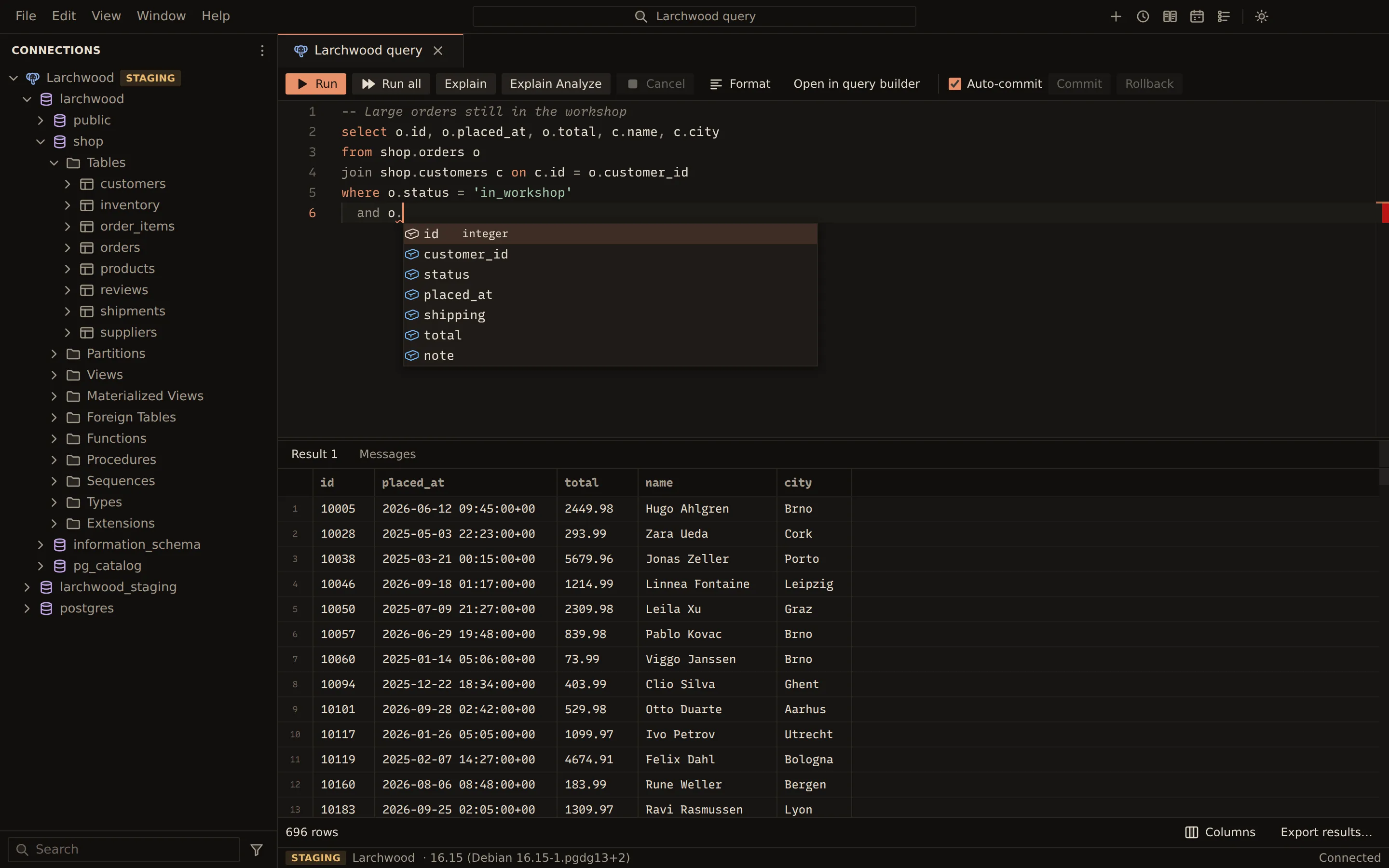 Querybara's SQL editor on the Larchwood database with a query joining shop.orders as o and shop.customers as c. After typing "and o." on the last line, the suggestion list opens under the cursor with the orders table's columns: id (integer), customer_id, status, placed_at, shipping, total and note. The result grid below shows 696 orders still in the workshop.