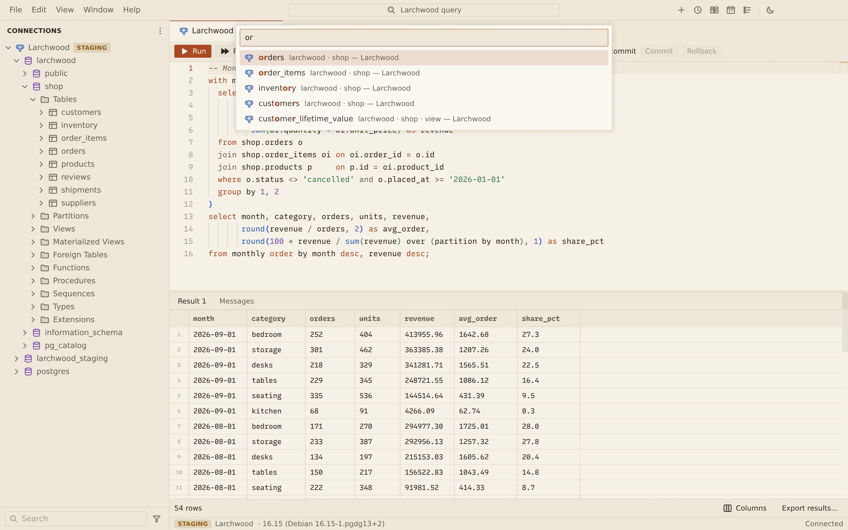 Go to Object open over a query tab: the letters "or" are typed and the list shows orders, order_items, inventory, customers and the customer_lifetime_value view, each with its database and schema and the matched letters highlighted.