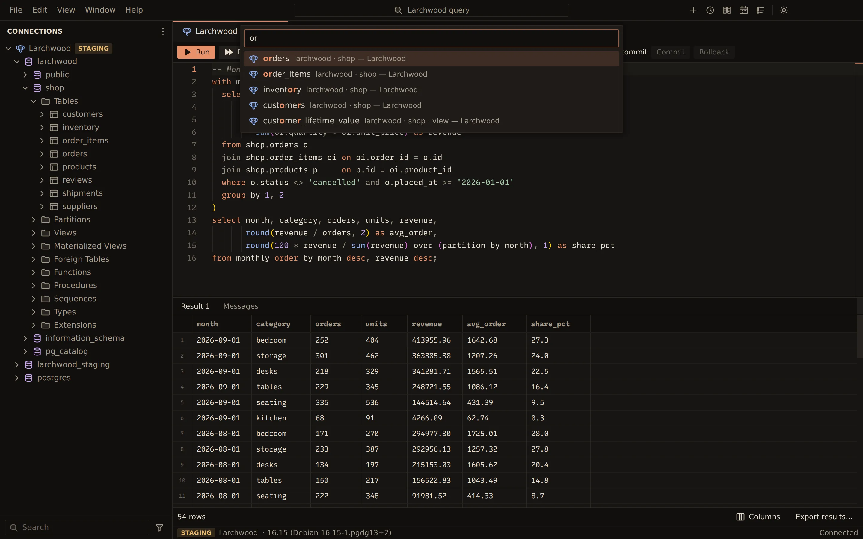 Go to Object open over a query tab: the letters "or" are typed and the list shows orders, order_items, inventory, customers and the customer_lifetime_value view, each with its database and schema and the matched letters highlighted.