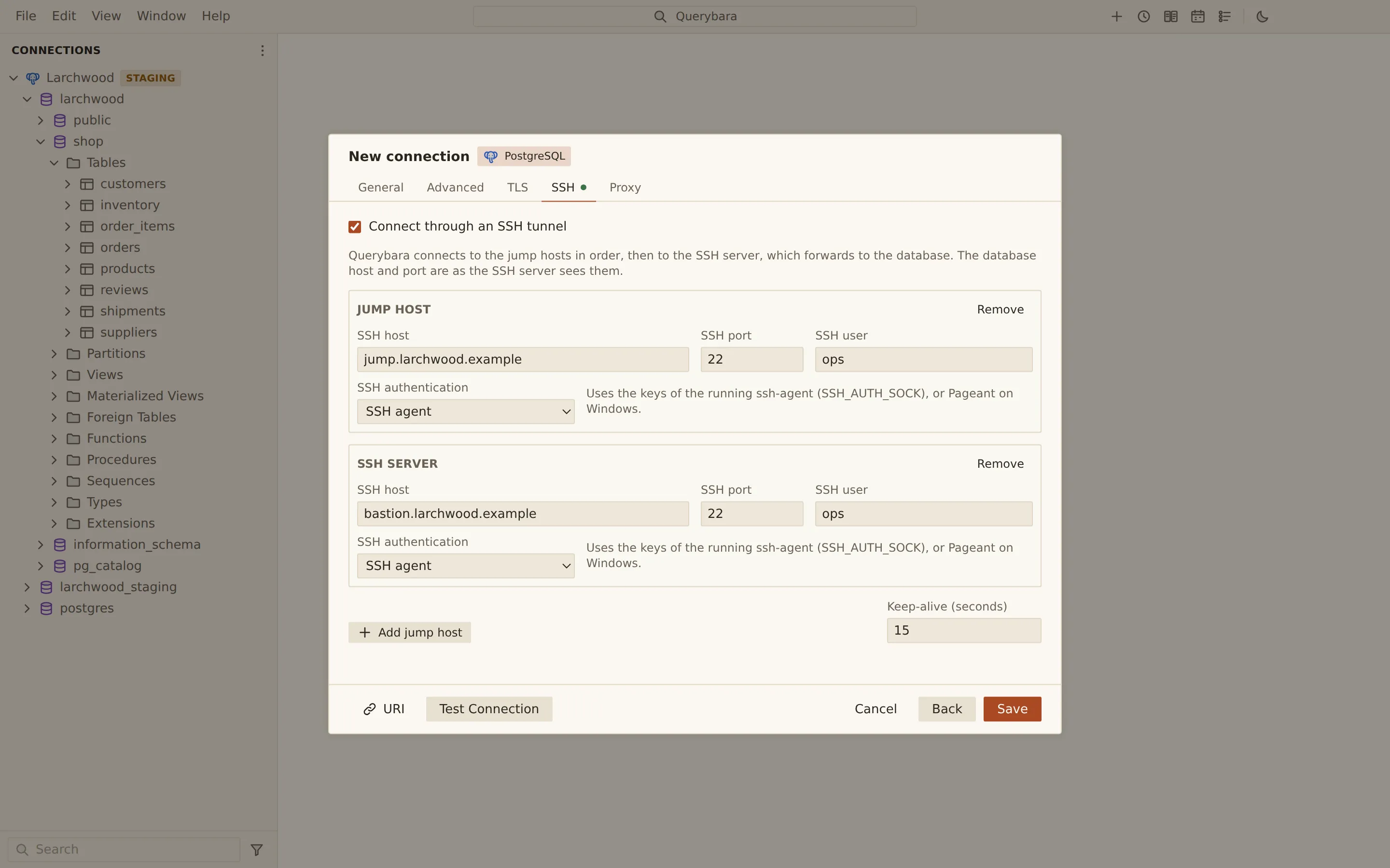 The New connection dialog for PostgreSQL, open on its SSH tab. The tunnel is on, with a jump host (jump.larchwood.example, user ops, SSH agent) in front of the SSH server (bastion.larchwood.example, user ops, SSH agent). The dialog explains that Querybara connects to the jump hosts in order.