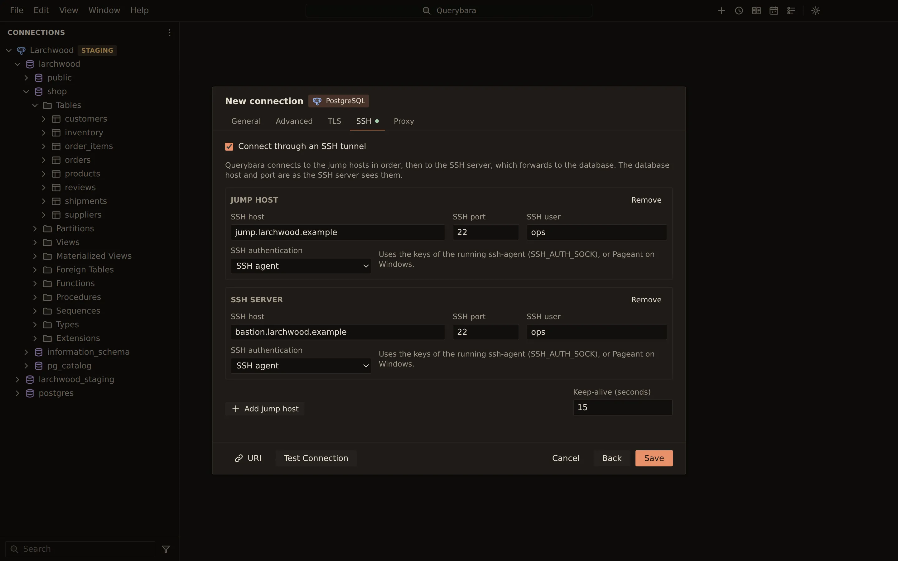 The New connection dialog for PostgreSQL, open on its SSH tab. The tunnel is on, with a jump host (jump.larchwood.example, user ops, SSH agent) in front of the SSH server (bastion.larchwood.example, user ops, SSH agent). The dialog explains that Querybara connects to the jump hosts in order.