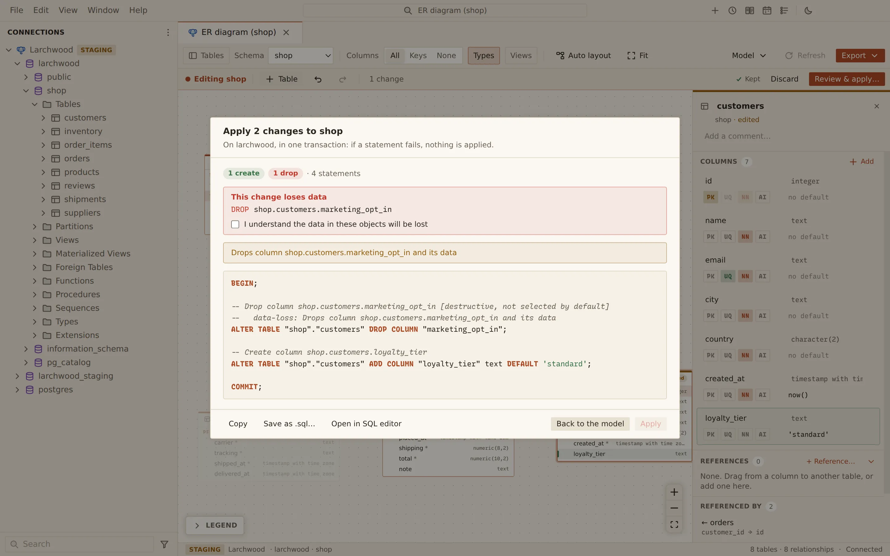 The Apply 2 changes to shop review after editing the ER model, which adds a loyalty_tier column to customers and drops marketing_opt_in. A red This change loses data box names the dropped column and needs a checkbox before Apply is enabled. The script below shows BEGIN, ALTER TABLE … DROP COLUMN, ALTER TABLE … ADD COLUMN "loyalty_tier" text DEFAULT 'standard' and COMMIT.