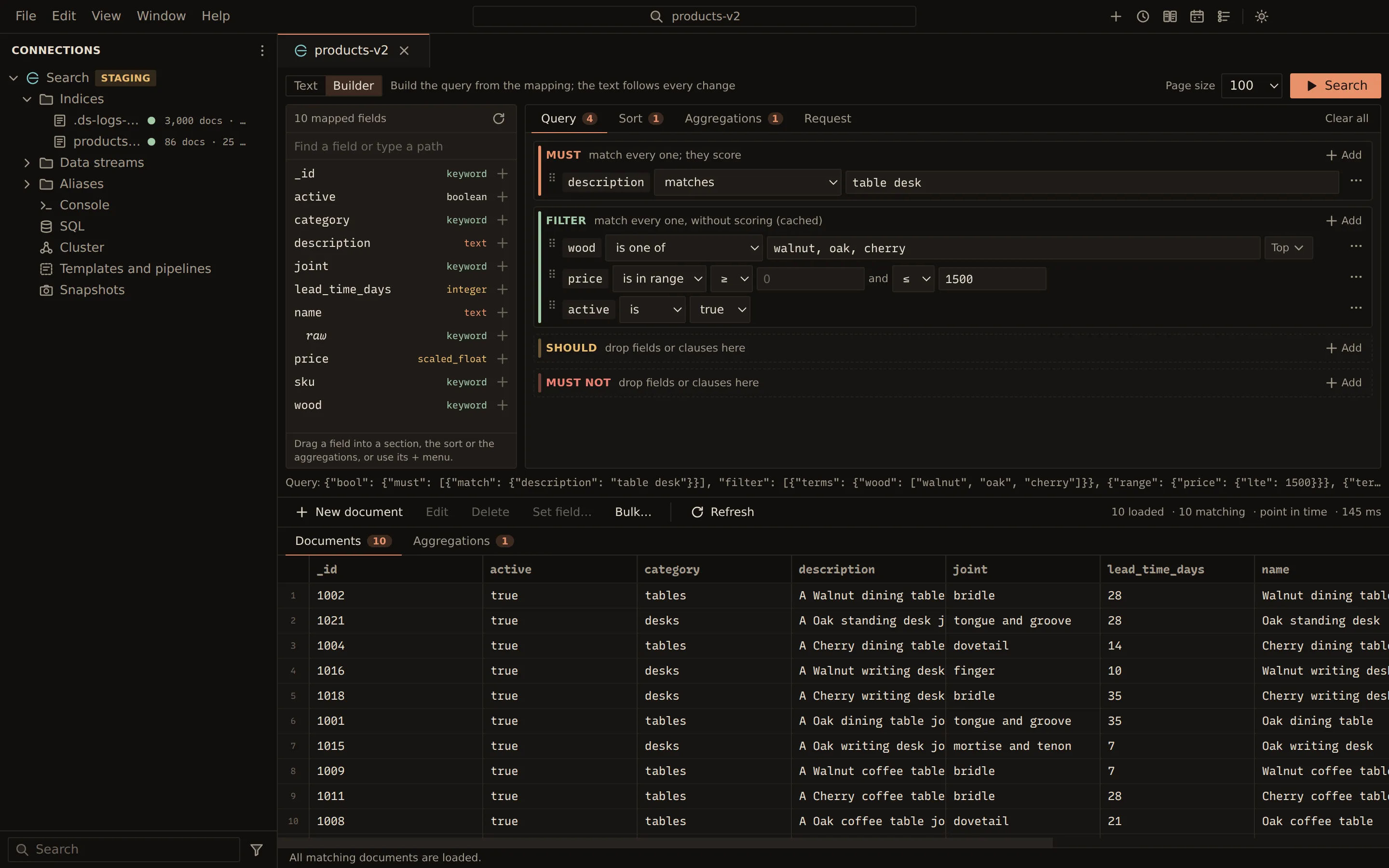 The Elasticsearch query builder on products-v2: the mapped fields on the left, a Must match on description and Filter clauses on wood, price and active, the generated Query DSL below, and the ten matching documents in a grid.