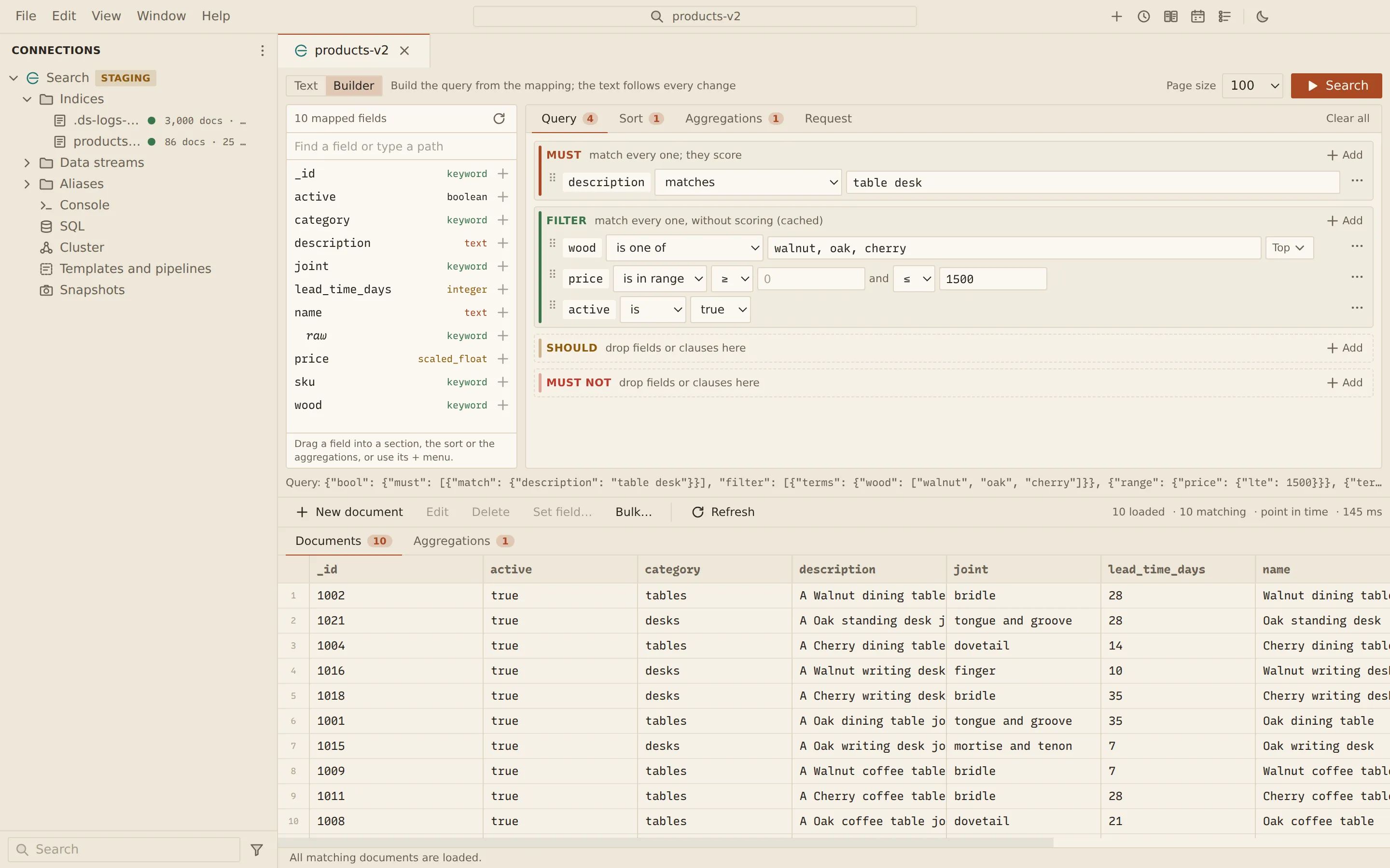 The Elasticsearch query builder on products-v2: the mapped fields on the left, a Must match on description and Filter clauses on wood, price and active, the generated Query DSL below, and the ten matching documents in a grid.