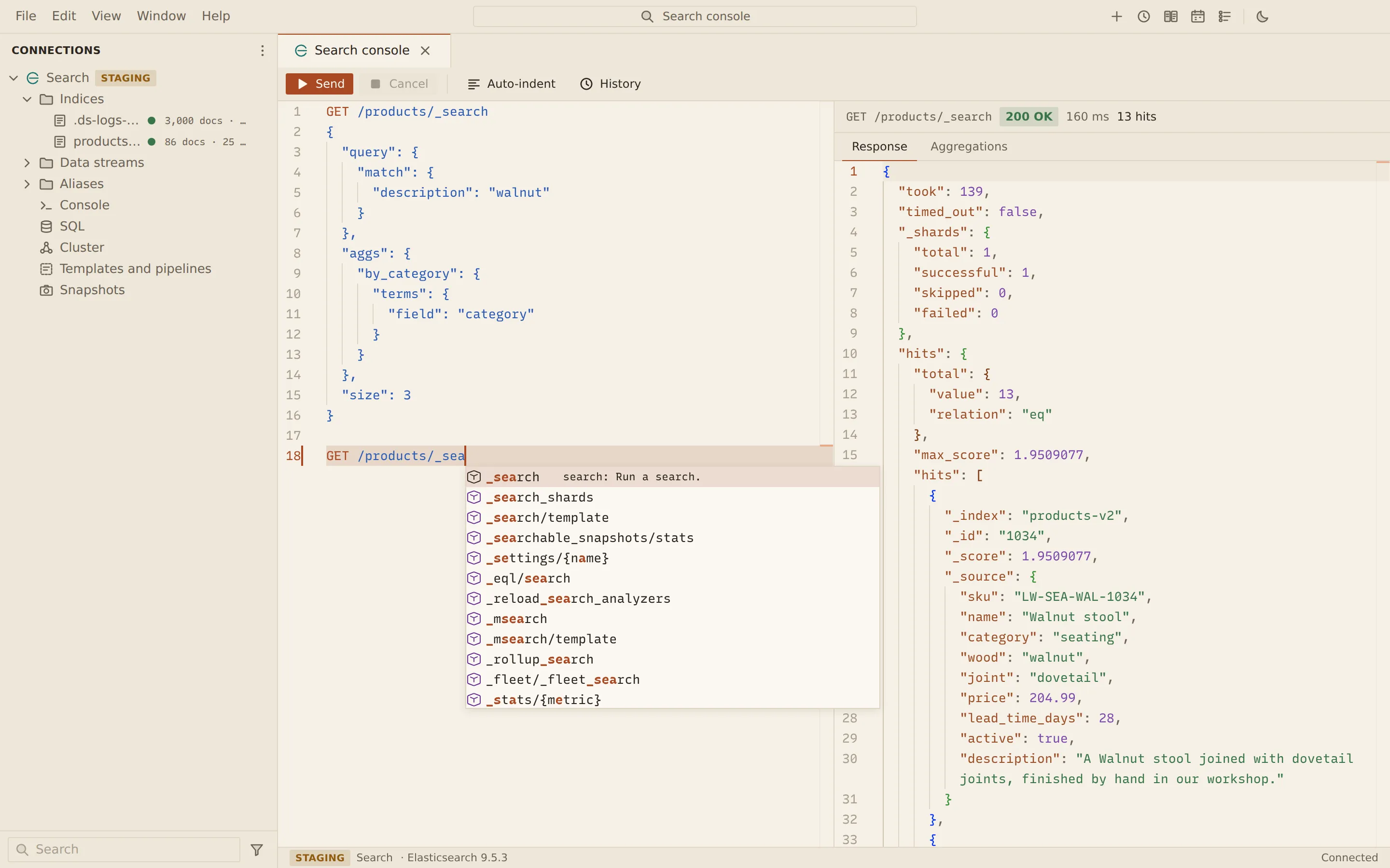 The Elasticsearch console: a search request on the products alias with a match query and a terms aggregation, its 200 OK response on the right, and endpoint completions offered for the next request.