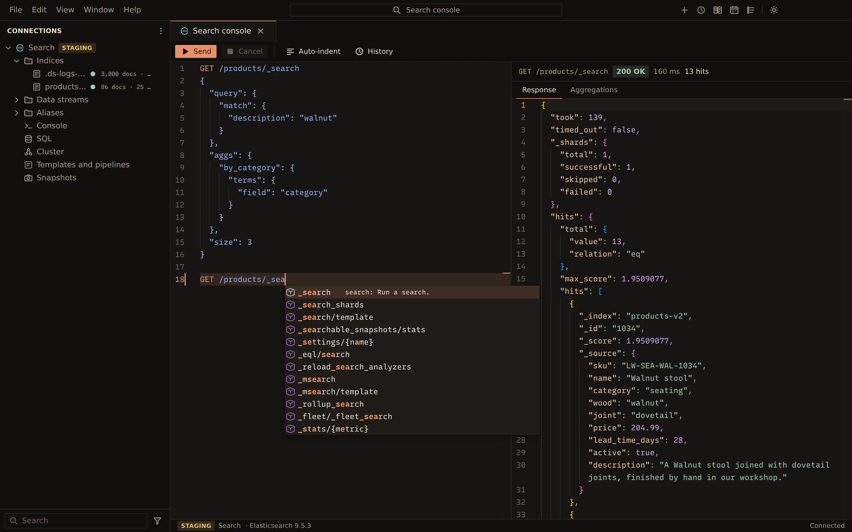The Elasticsearch console: a search request on the products alias with a match query and a terms aggregation, its 200 OK response on the right, and endpoint completions offered for the next request.