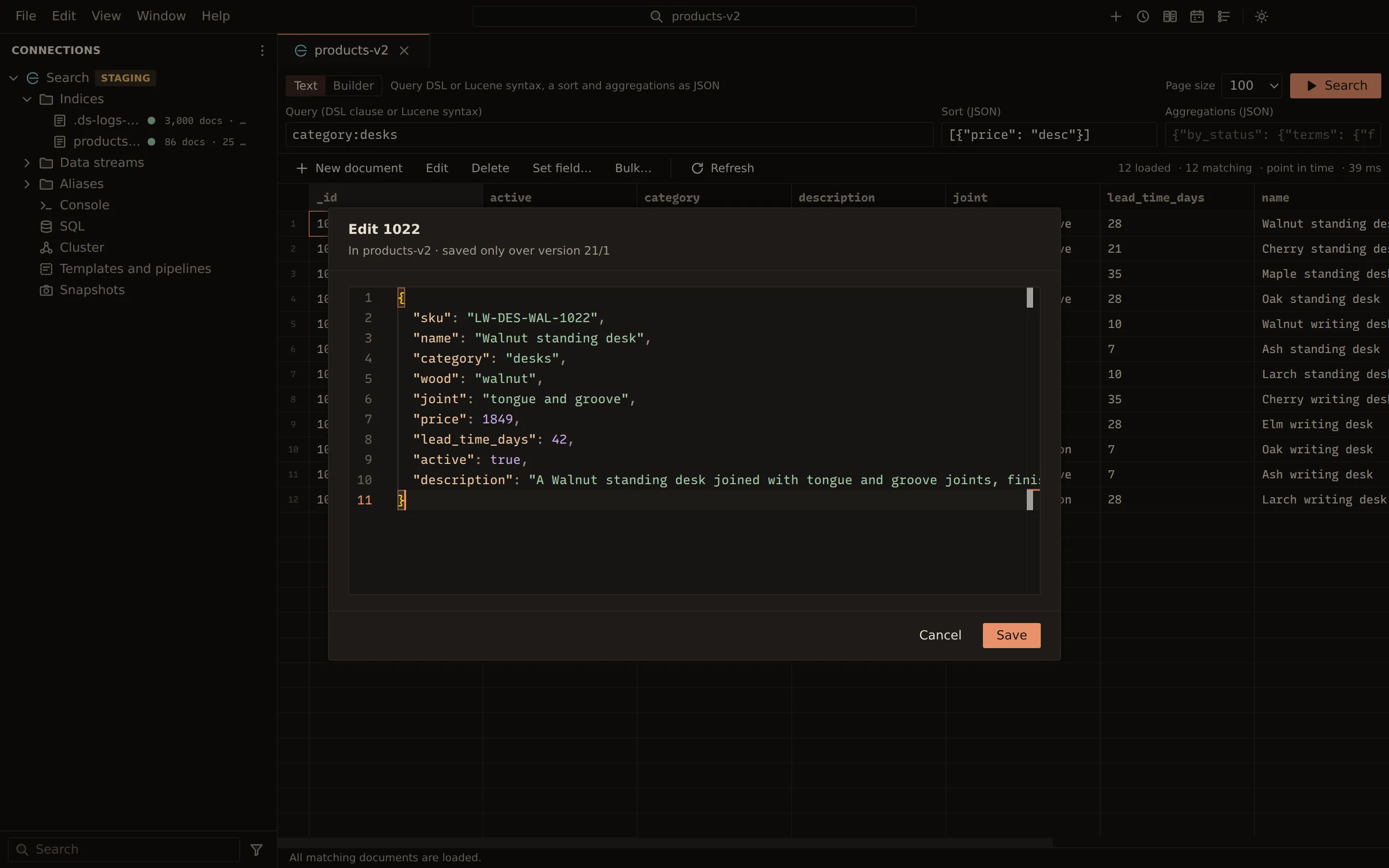 The Elasticsearch document grid filtered to desks and sorted by price, with the edit dialog open on a walnut standing desk whose price and lead time have been changed and not yet saved.
