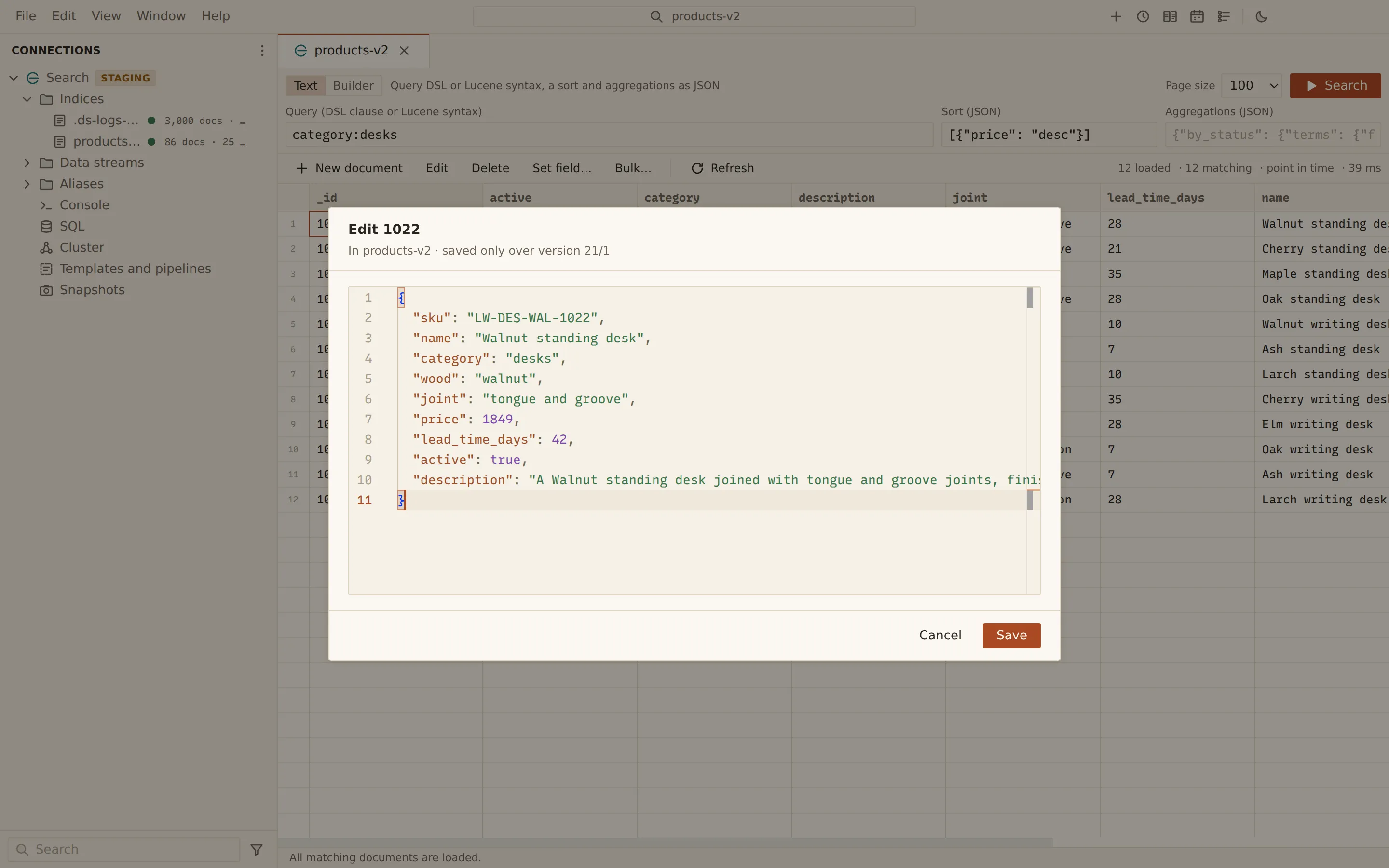 The Elasticsearch document grid filtered to desks and sorted by price, with the edit dialog open on a walnut standing desk whose price and lead time have been changed and not yet saved.