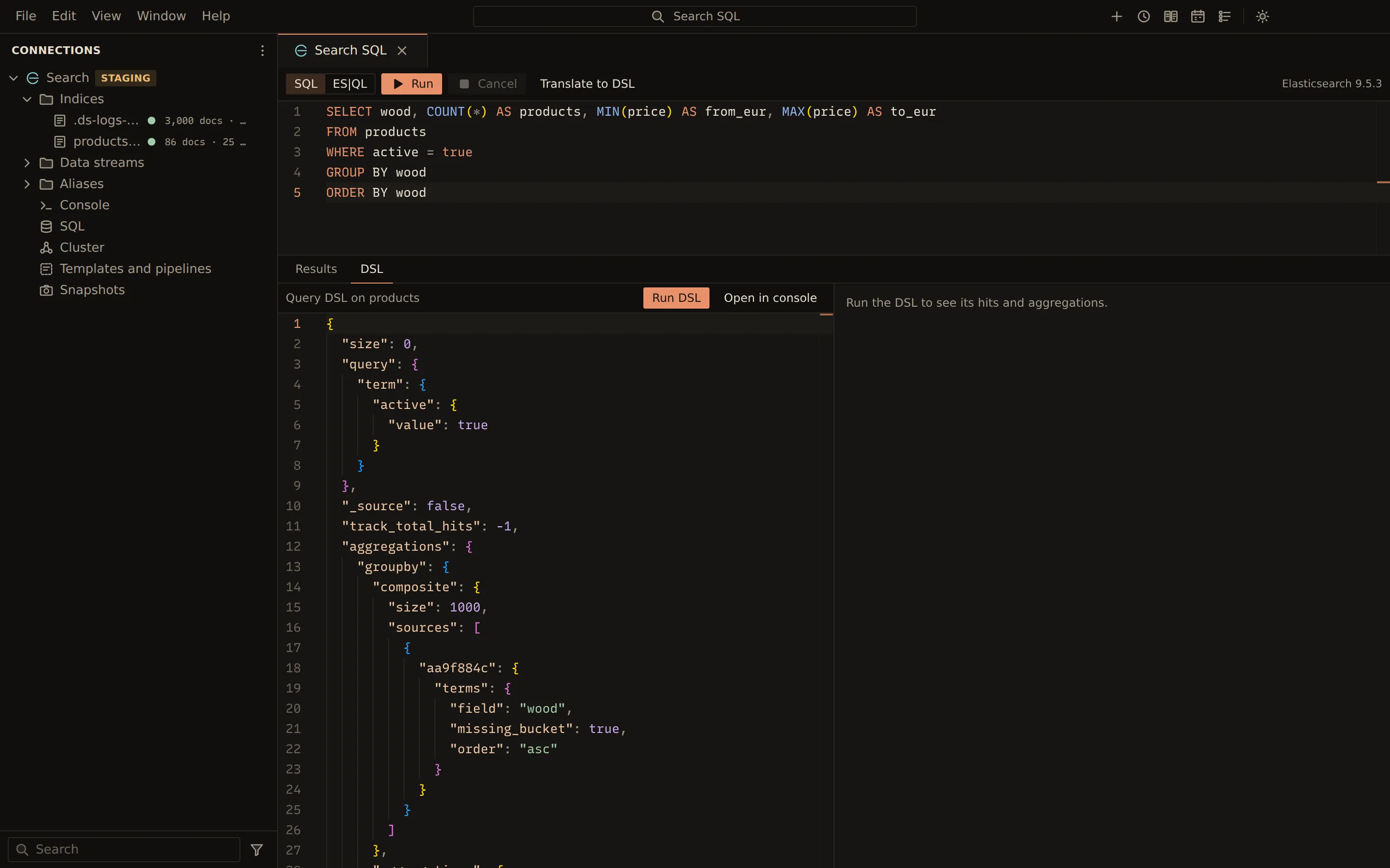 The Elasticsearch SQL tab: a SELECT counting products and their lowest and highest prices per wood, translated to Query DSL with a composite aggregation.