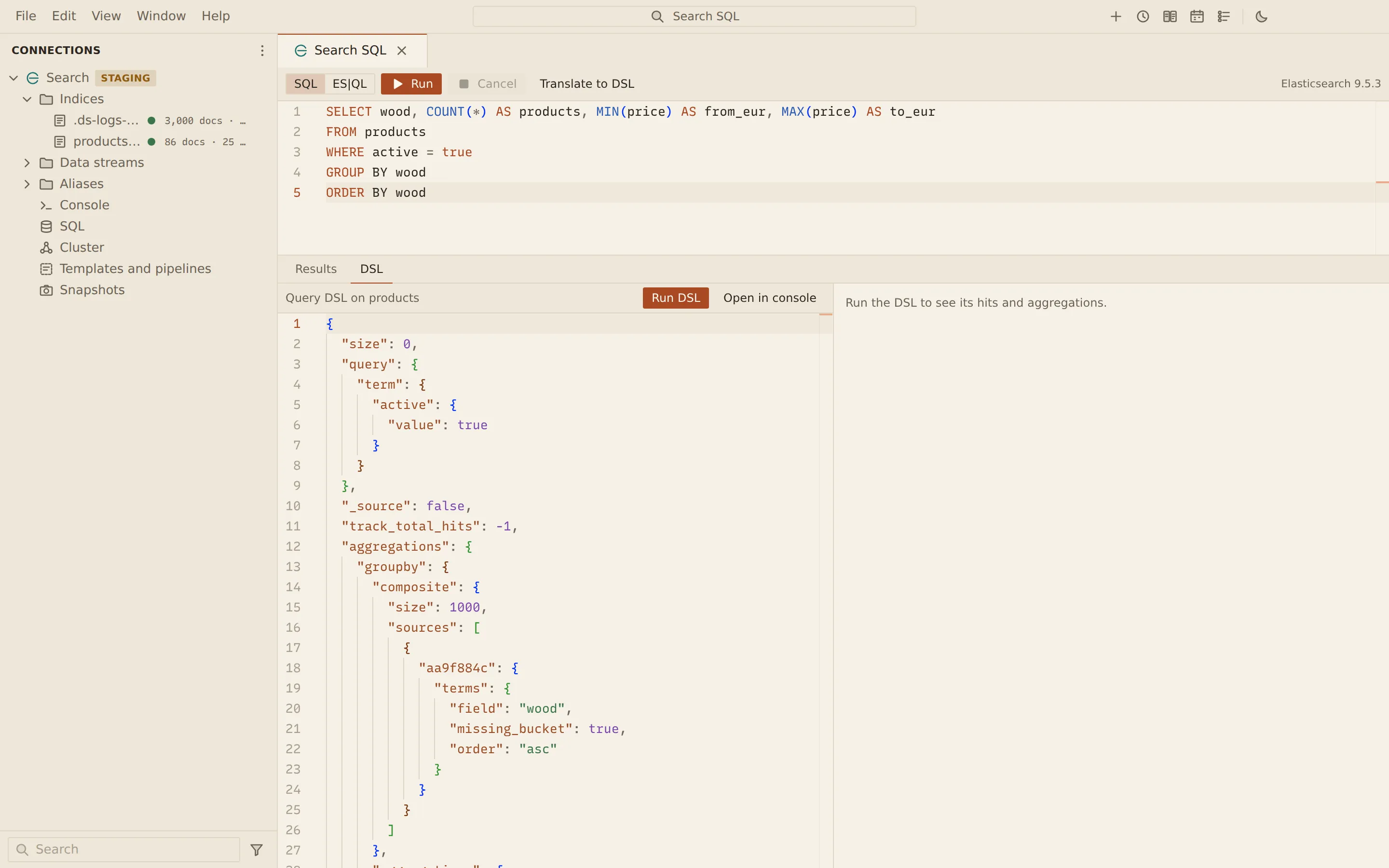 The Elasticsearch SQL tab: a SELECT counting products and their lowest and highest prices per wood, translated to Query DSL with a composite aggregation.