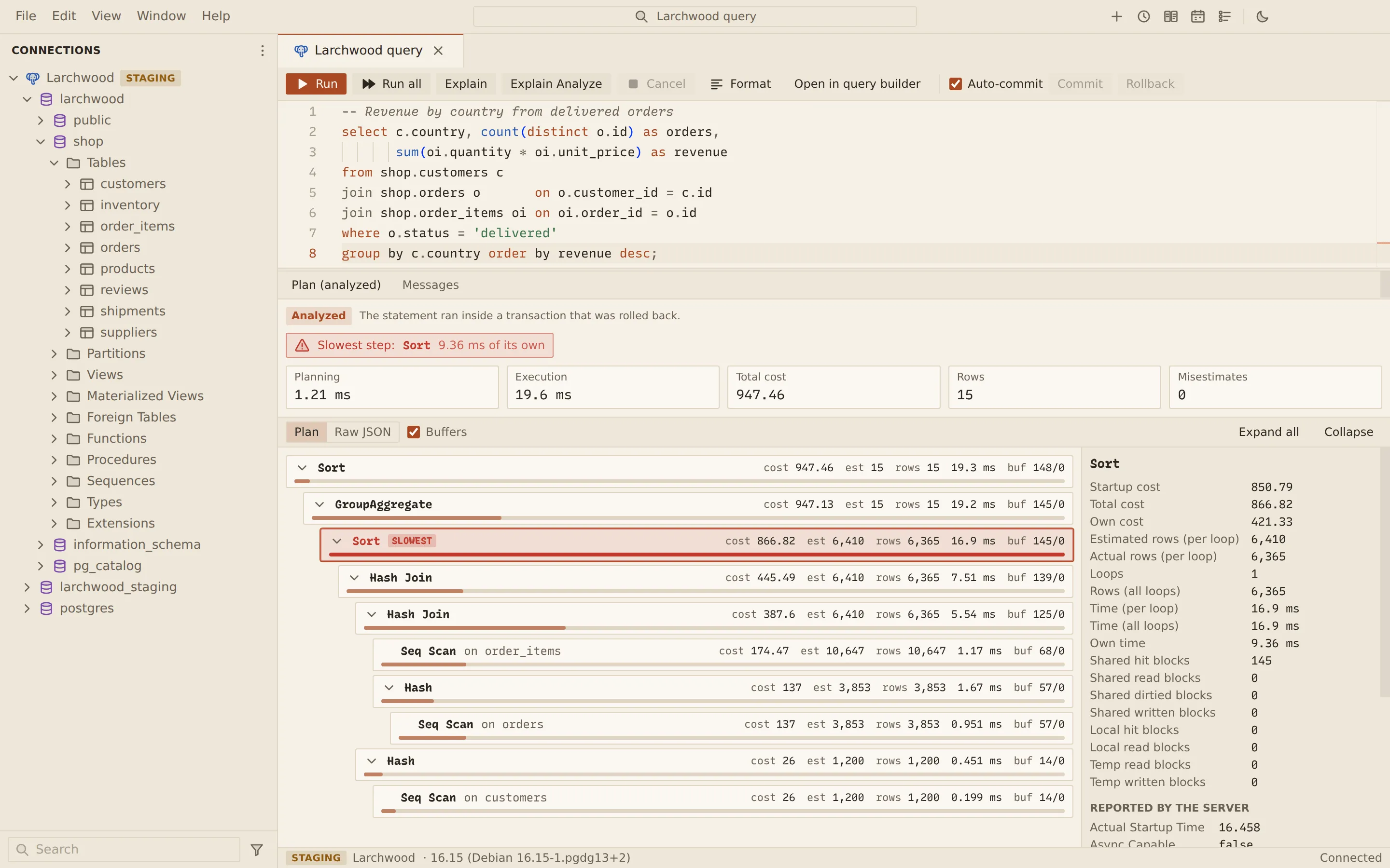 An Explain Analyze of a revenue-by-country query. Above the plan are the planning time, execution time, total cost, rows and misestimates. The plan tree shows Sort, GroupAggregate, Hash Joins, Hashes and Seq Scans on order_items, orders and customers, with costs, estimated and actual rows, times and buffers. The slowest step is highlighted, and its details are in the pane on the right.
