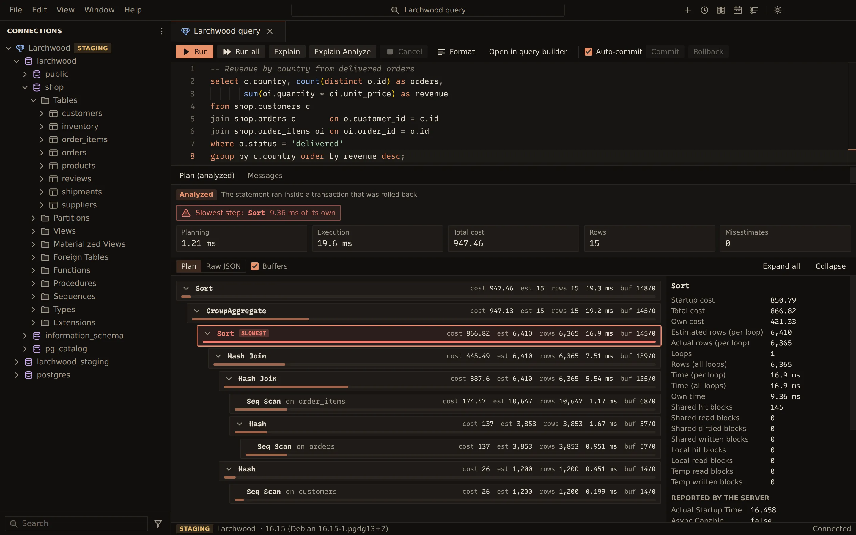 An Explain Analyze of a revenue-by-country query. Above the plan are the planning time, execution time, total cost, rows and misestimates. The plan tree shows Sort, GroupAggregate, Hash Joins, Hashes and Seq Scans on order_items, orders and customers, with costs, estimated and actual rows, times and buffers. The slowest step is highlighted, and its details are in the pane on the right.