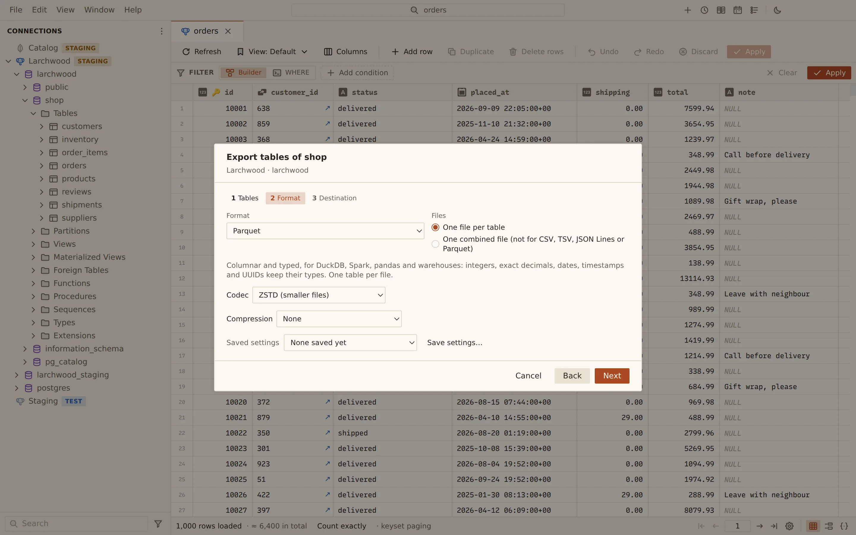 Export wizard for tables of the shop schema with Parquet chosen as the format, one file per table, the ZSTD codec, and a note that integers, decimals, dates, timestamps and UUIDs keep their types.