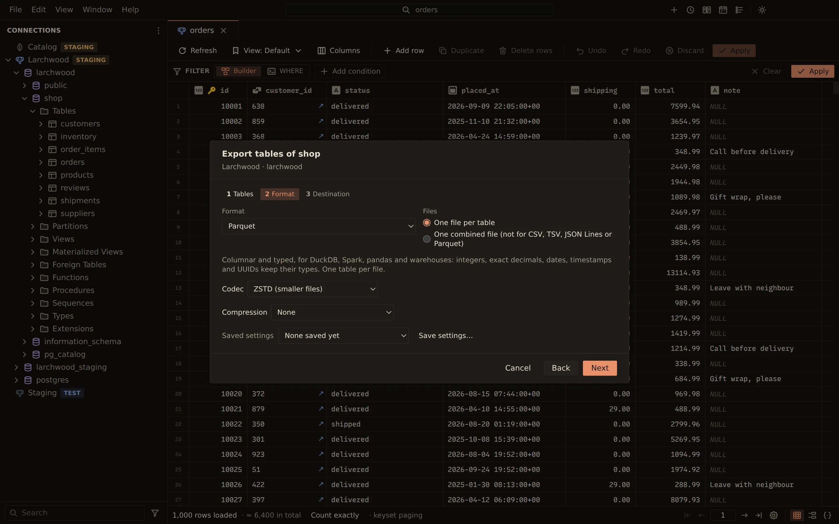 Export wizard for tables of the shop schema with Parquet chosen as the format, one file per table, the ZSTD codec, and a note that integers, decimals, dates, timestamps and UUIDs keep their types.