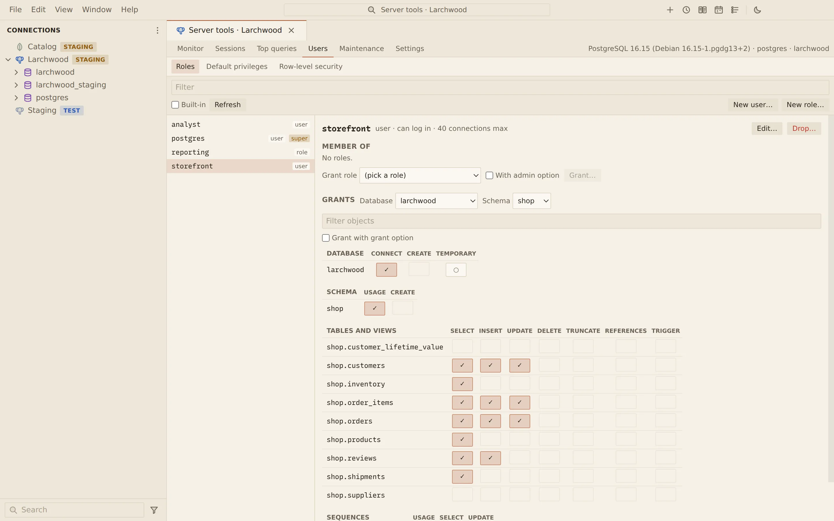 Users and roles for PostgreSQL: the storefront role selected, with a grants matrix of database, schema and table privileges in the shop schema showing SELECT, INSERT and UPDATE where granted.