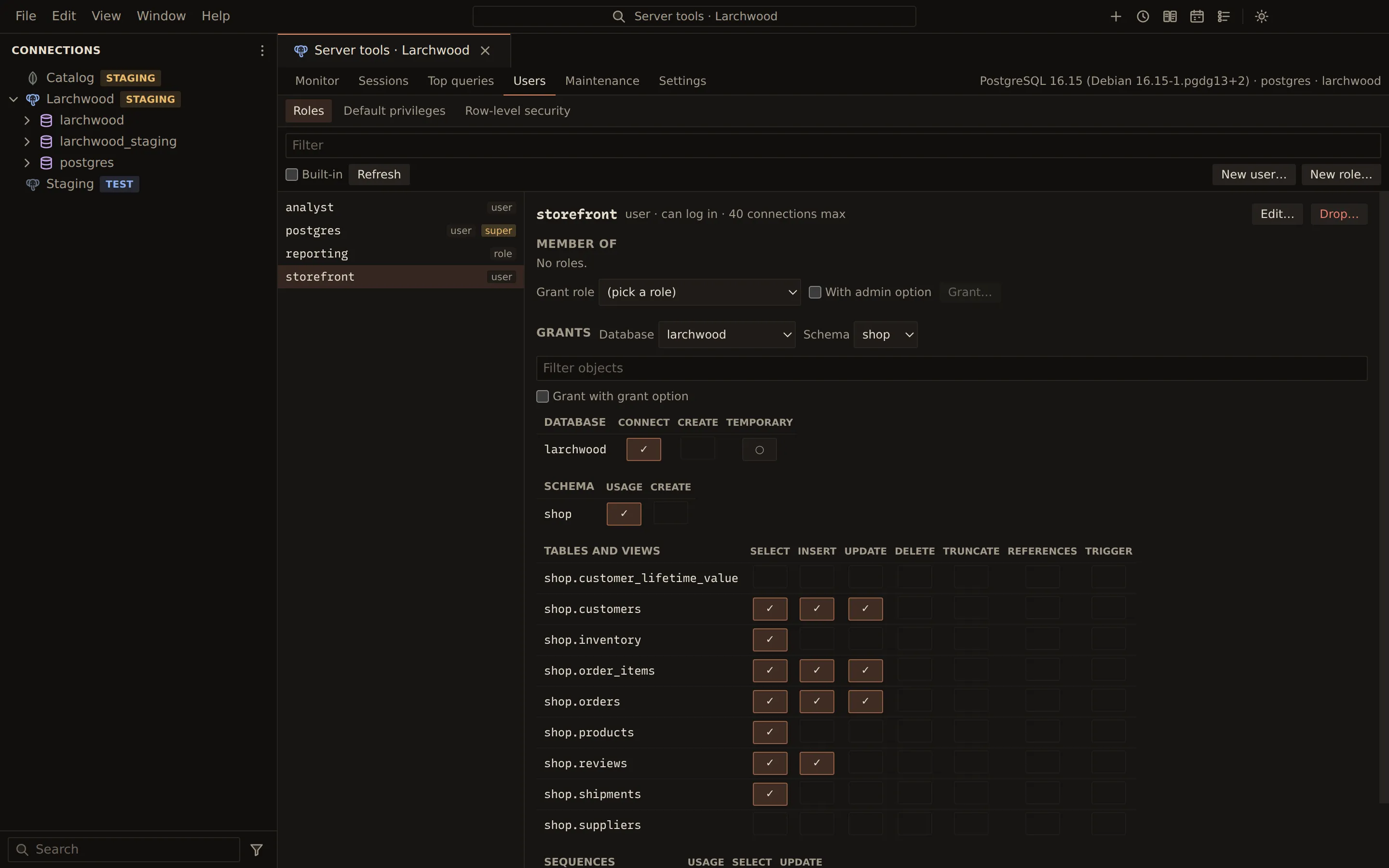 Users and roles for PostgreSQL: the storefront role selected, with a grants matrix of database, schema and table privileges in the shop schema showing SELECT, INSERT and UPDATE where granted.