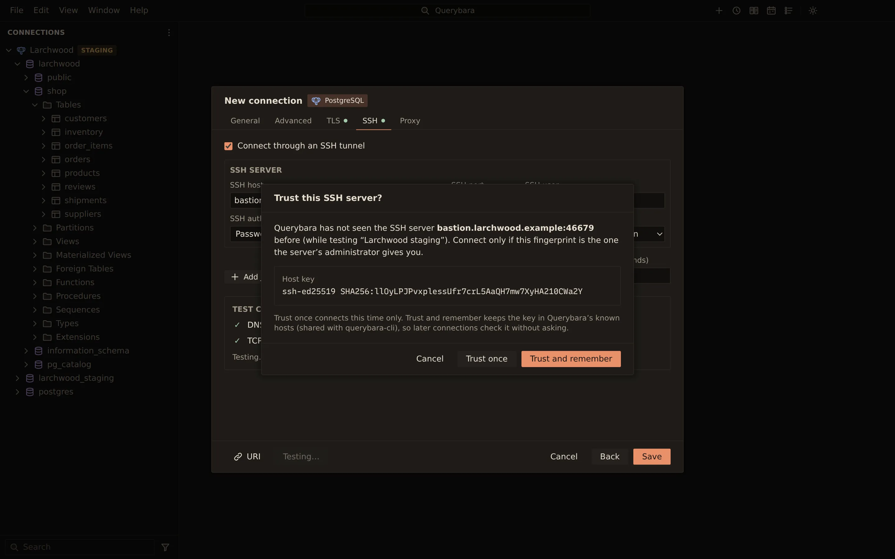 A Trust this SSH server? prompt over the connection dialog during a connection test. It says Querybara has not seen bastion.larchwood.example before and shows its ssh-ed25519 SHA256 host key fingerprint, with Cancel, Trust once and Trust and remember buttons.