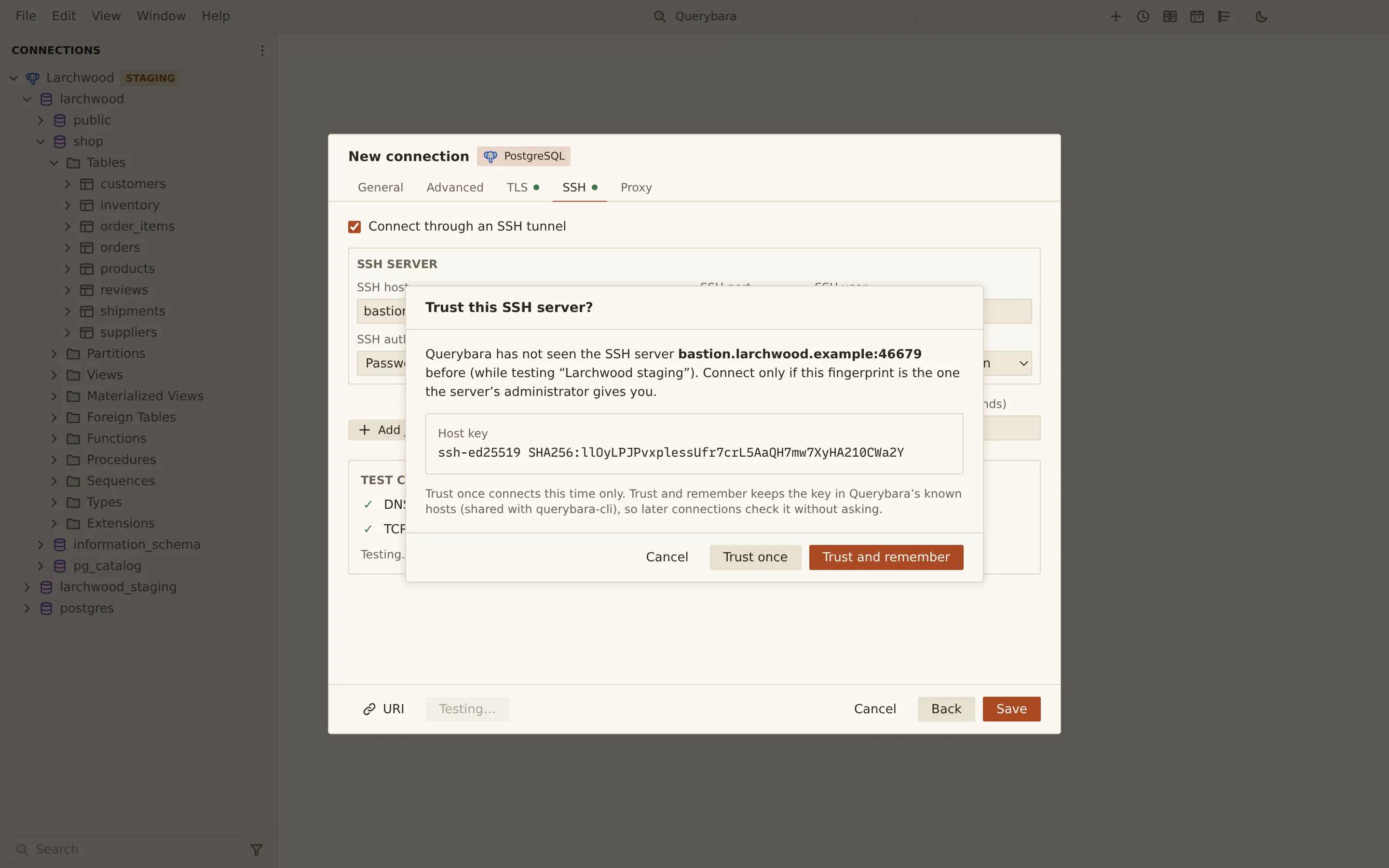 A Trust this SSH server? prompt over the connection dialog during a connection test. It says Querybara has not seen bastion.larchwood.example before and shows its ssh-ed25519 SHA256 host key fingerprint, with Cancel, Trust once and Trust and remember buttons.