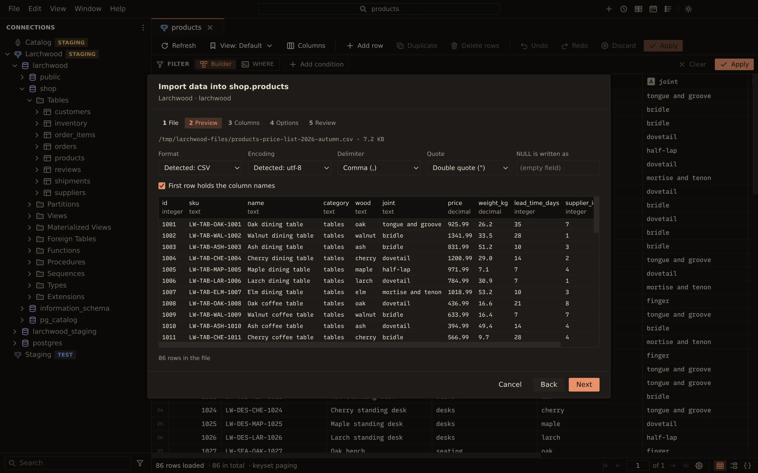 Import wizard for shop.products with a supplier price list CSV: format, encoding, delimiter and quote detected, the header row recognised, and a live preview of the rows with an inferred type for each column.