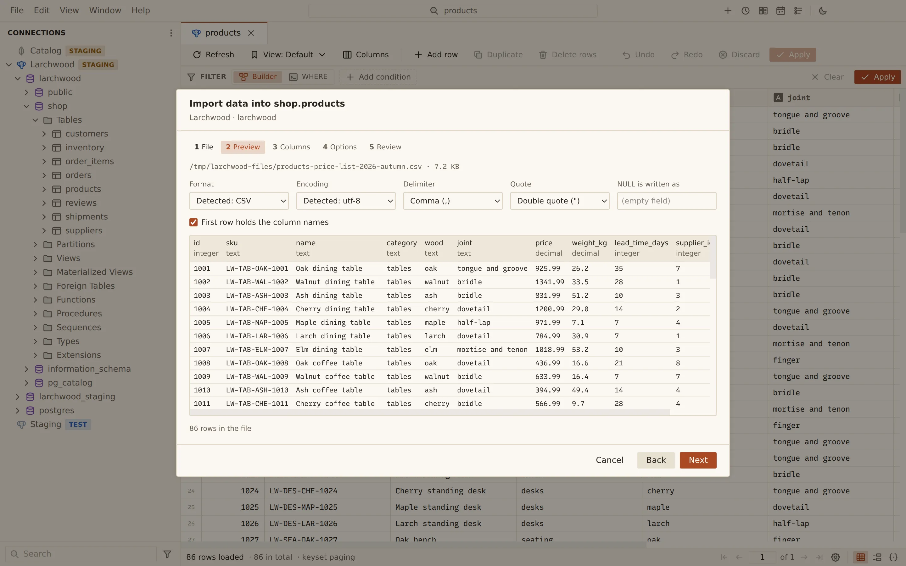 Import wizard for shop.products with a supplier price list CSV: format, encoding, delimiter and quote detected, the header row recognised, and a live preview of the rows with an inferred type for each column.