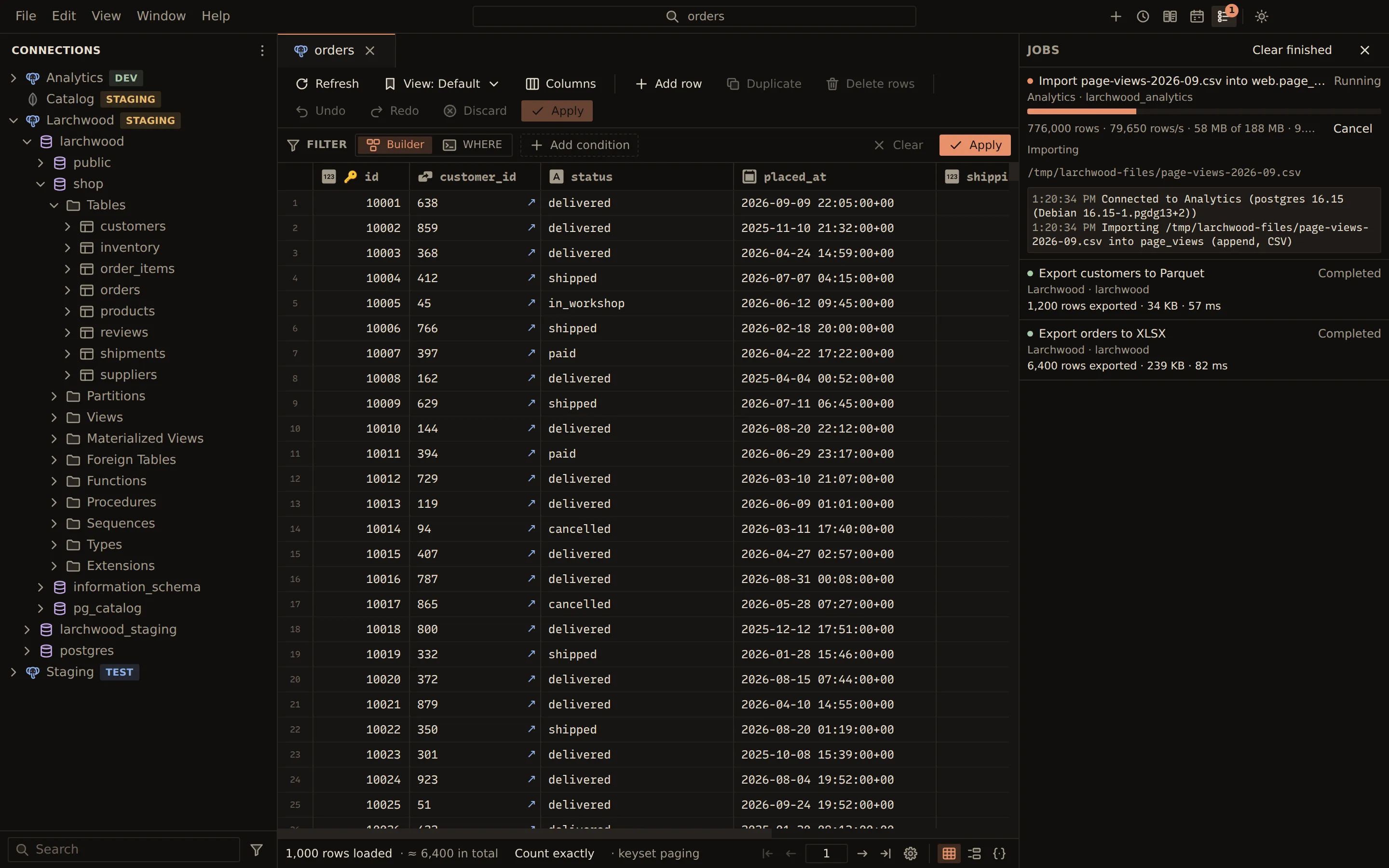 Jobs panel beside the orders table: a CSV import of 2.5 million page views running with a progress bar, rows per second and a Cancel button, and two finished exports, to Parquet and to Excel.