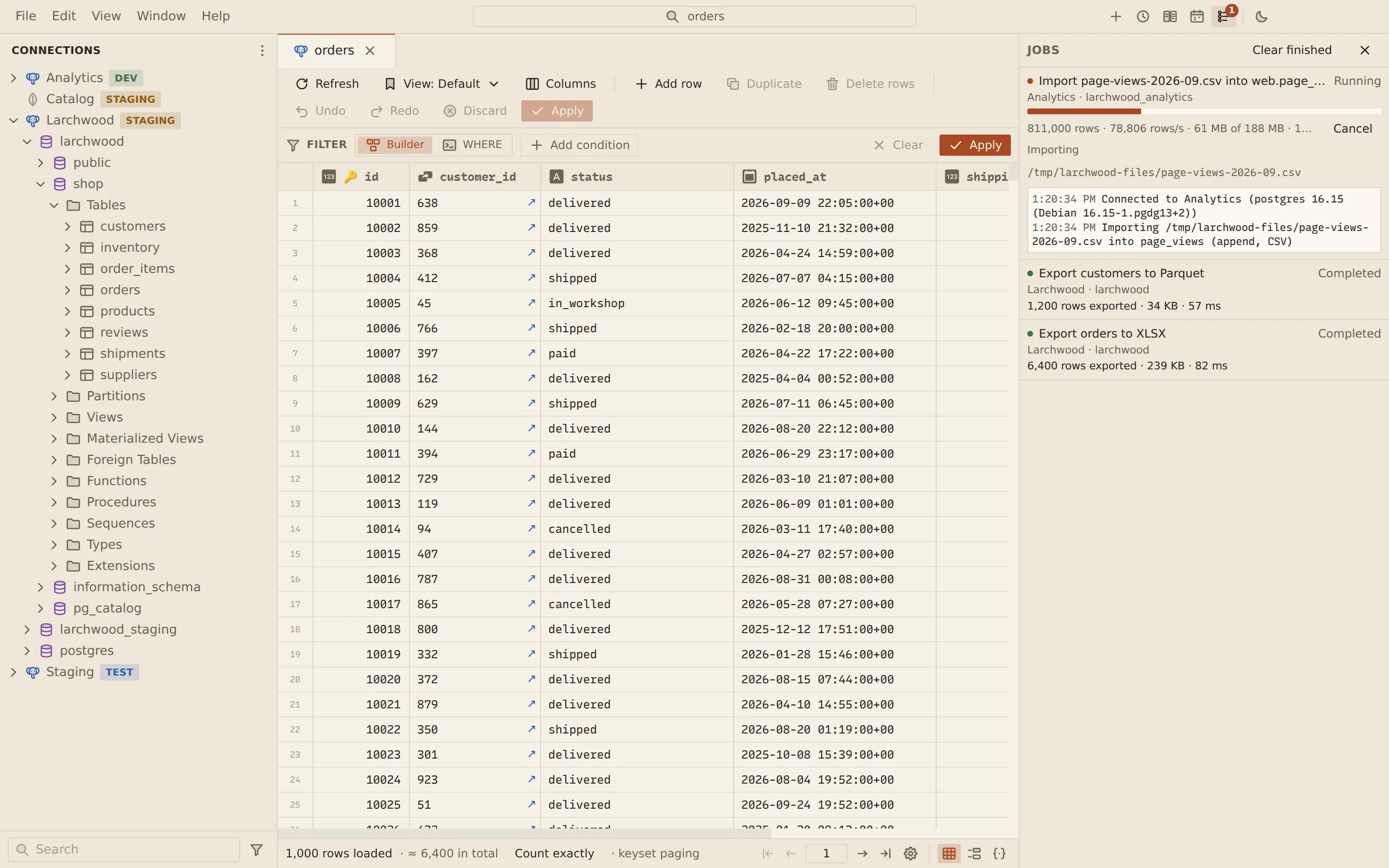 Jobs panel beside the orders table: a CSV import of 2.5 million page views running with a progress bar, rows per second and a Cancel button, and two finished exports, to Parquet and to Excel.