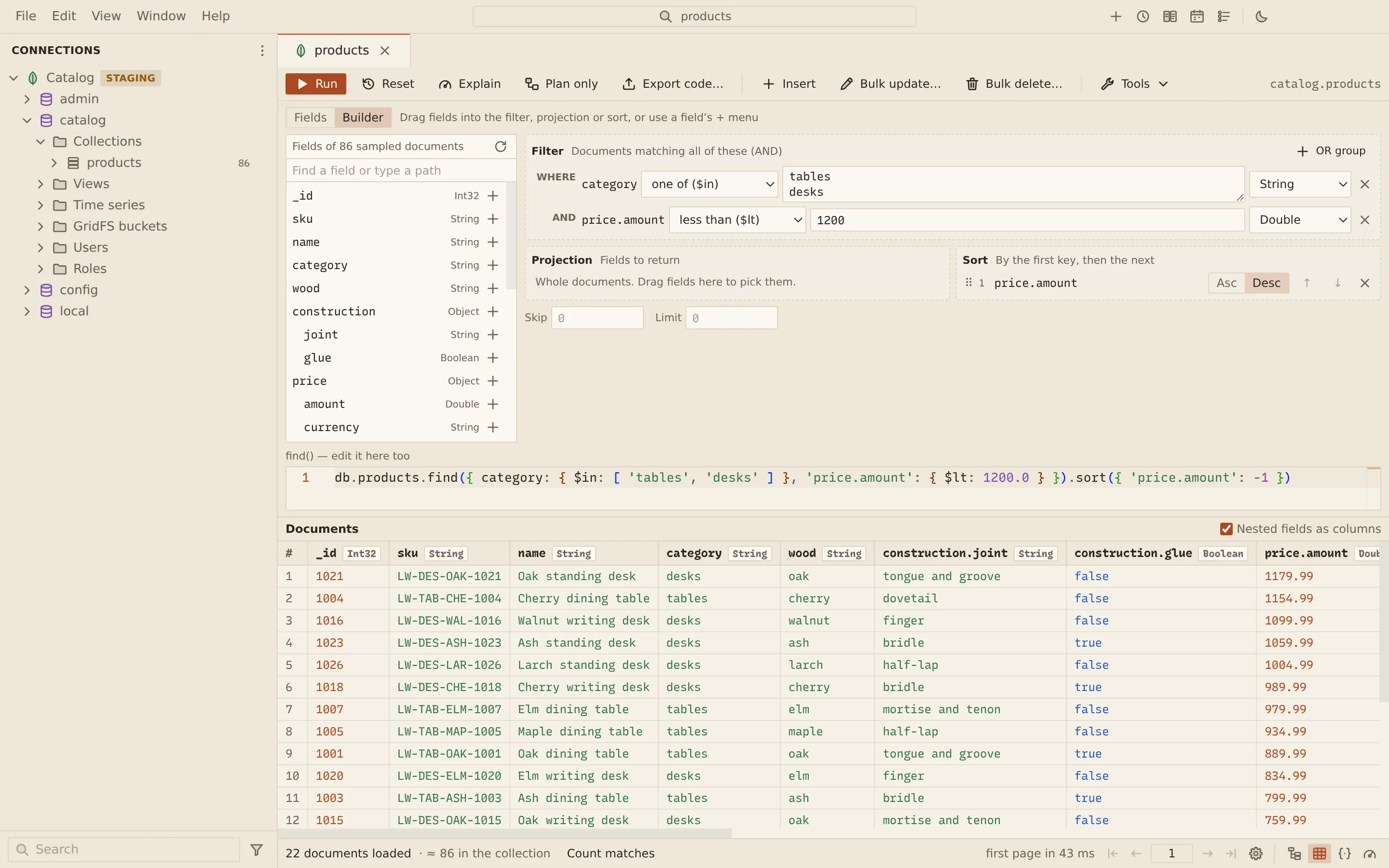 The MongoDB visual query builder: sampled fields of the products collection on the left, a filter on category and price.amount, a descending sort, and the generated find() text below, with the matching products in a table.