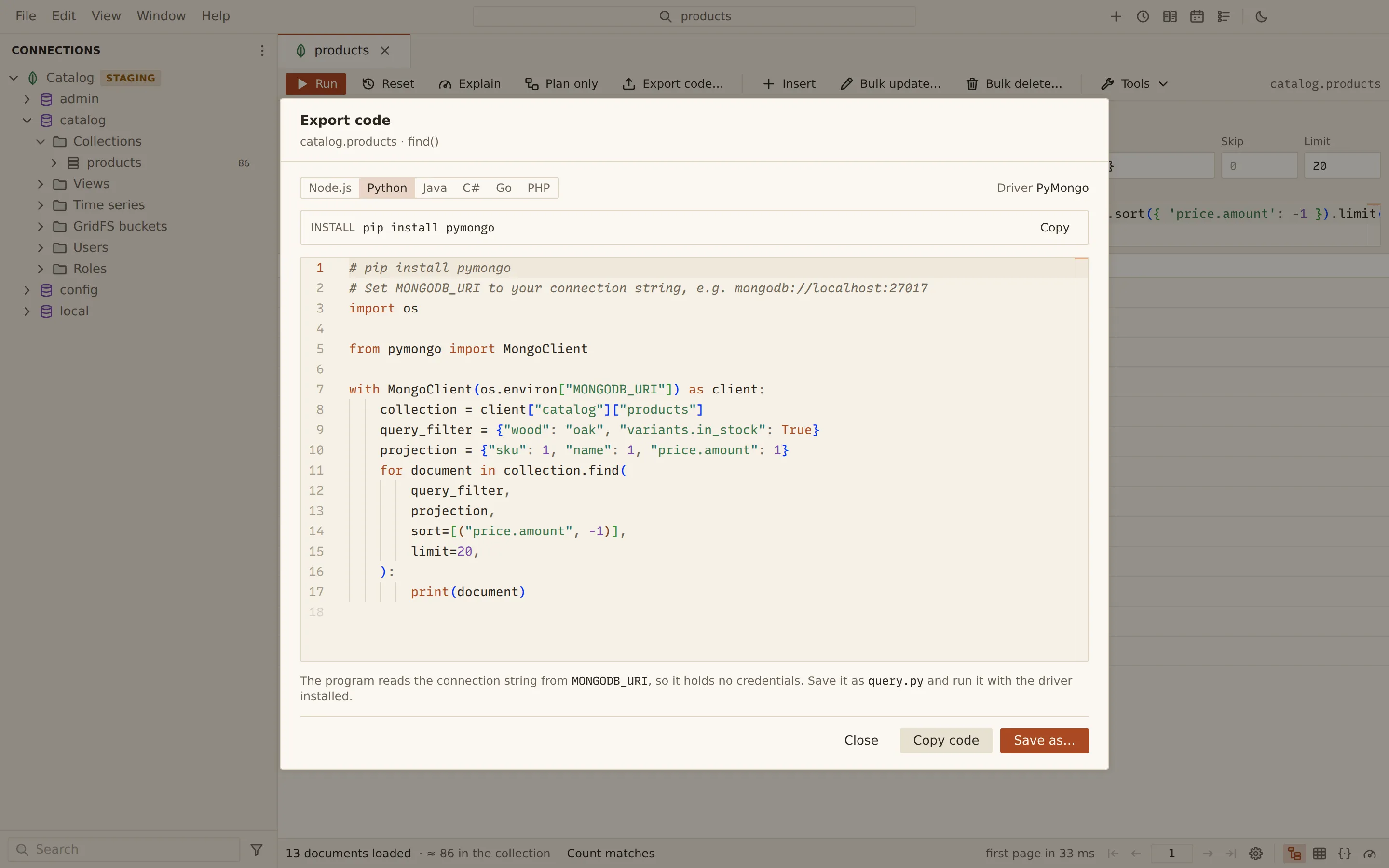 The Export code dialog for a find() on catalog.products, showing a ready-to-run PyMongo program with the filter, projection, sort and limit, and tabs for Node.js, Java, C#, Go and PHP.
