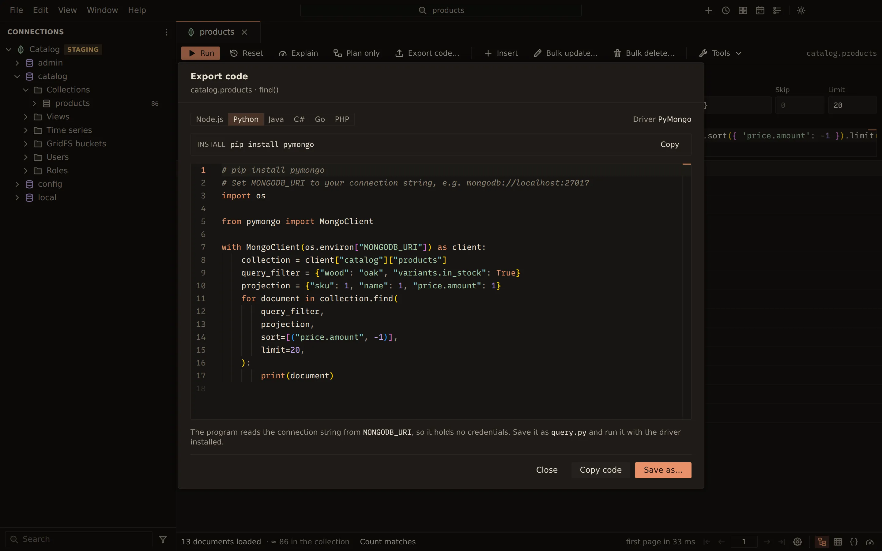 The Export code dialog for a find() on catalog.products, showing a ready-to-run PyMongo program with the filter, projection, sort and limit, and tabs for Node.js, Java, C#, Go and PHP.