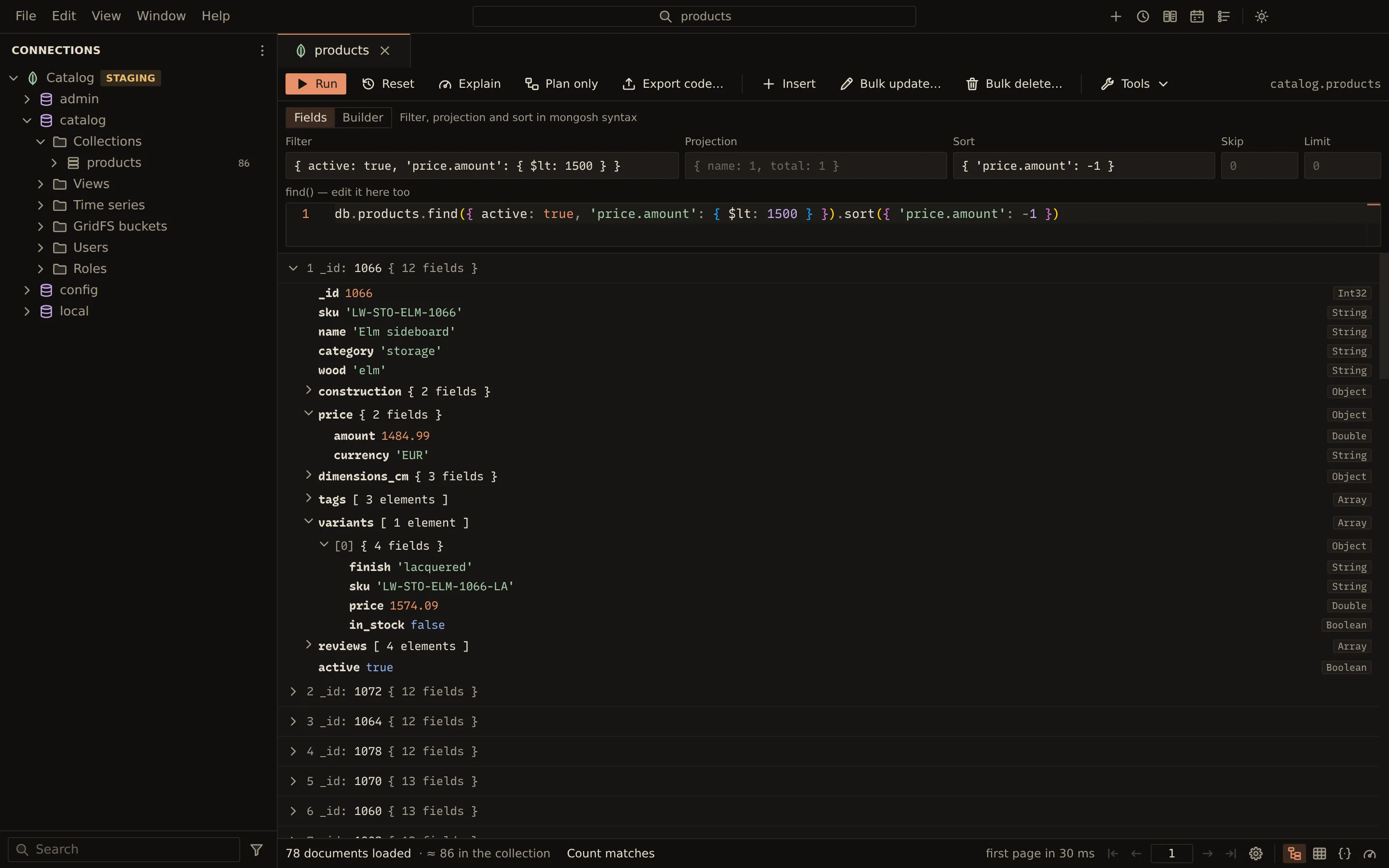 Querybara's MongoDB collection view of catalog.products: a filter and sort in the query bar, the matching find() text below it, and the first product expanded in the tree view with its price and variants.