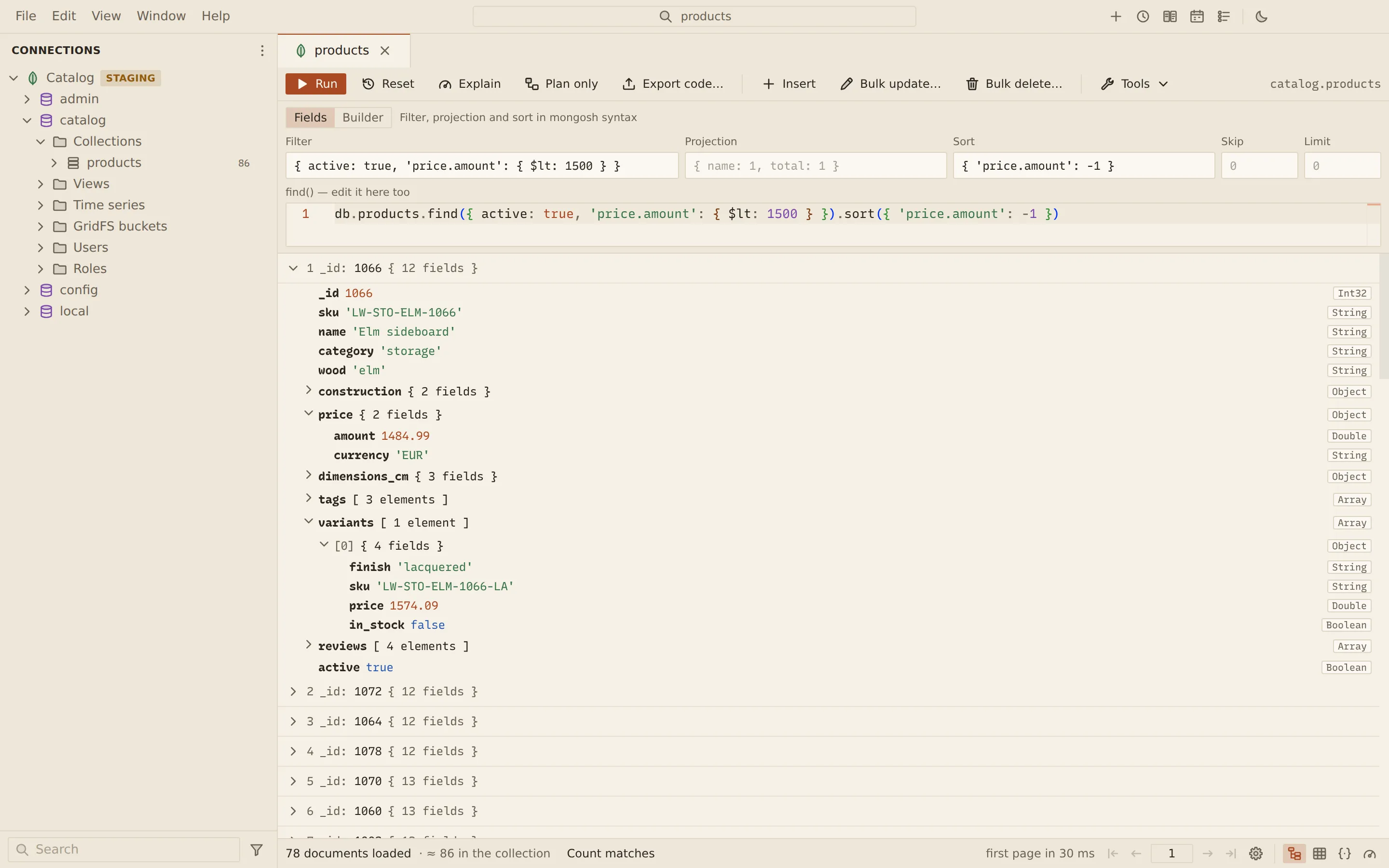 Querybara's MongoDB collection view of catalog.products: a filter and sort in the query bar, the matching find() text below it, and the first product expanded in the tree view with its price and variants.