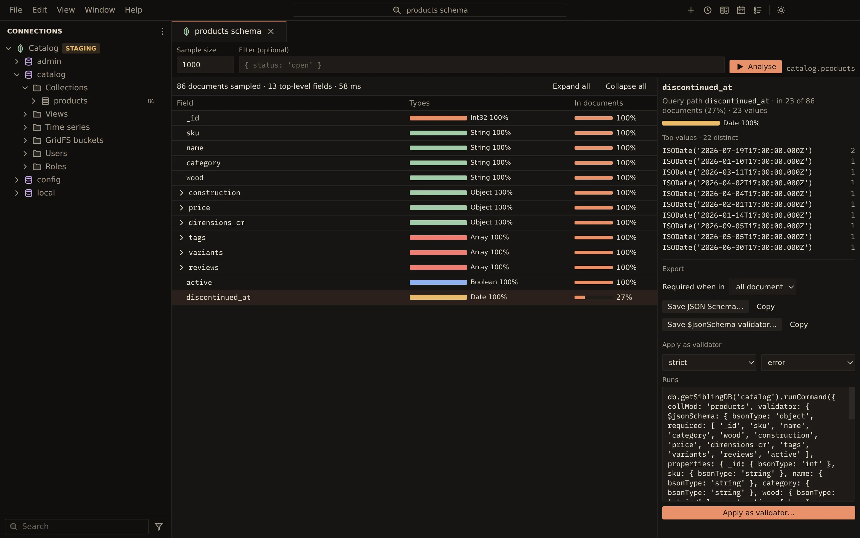 Schema analysis of 86 sampled products: each field with its type and how often it occurs, discontinued_at selected and present in 27% of documents, and a $jsonSchema validator ready to apply.