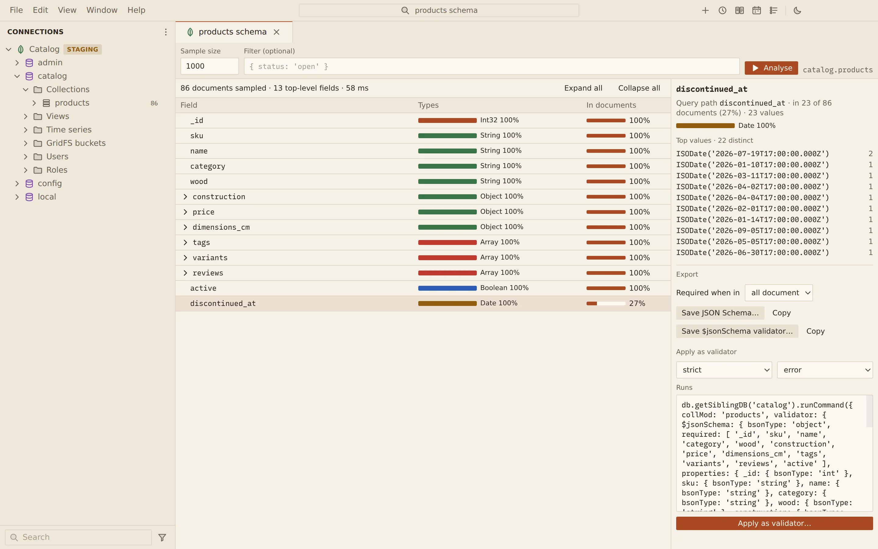 Schema analysis of 86 sampled products: each field with its type and how often it occurs, discontinued_at selected and present in 27% of documents, and a $jsonSchema validator ready to apply.