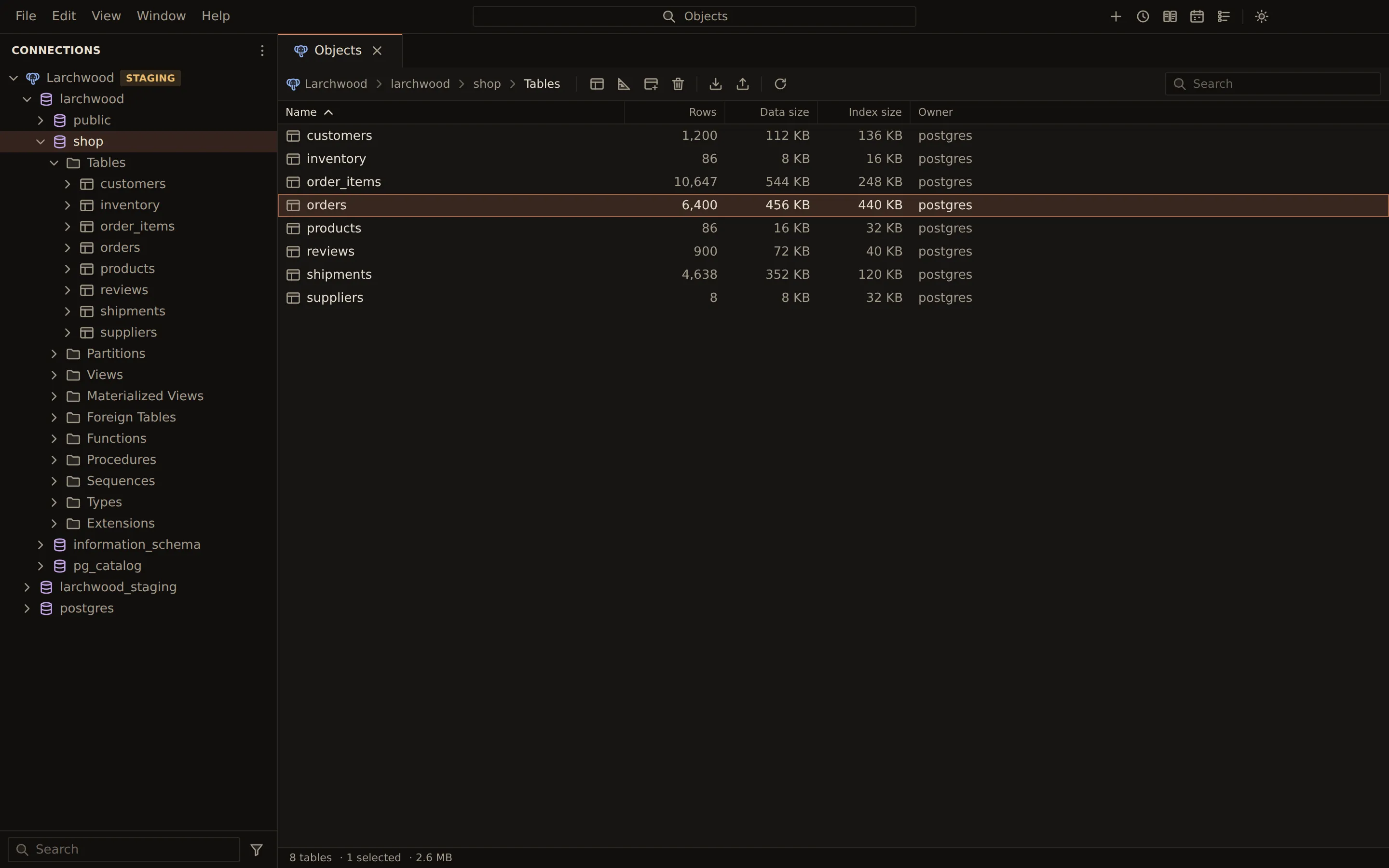 The Objects tab for larchwood › shop › Tables, listing the schema's eight tables with their row counts, data size, index size and owner. The orders row is selected, and the status bar reads 8 tables, 1 selected, 2.6 MB.