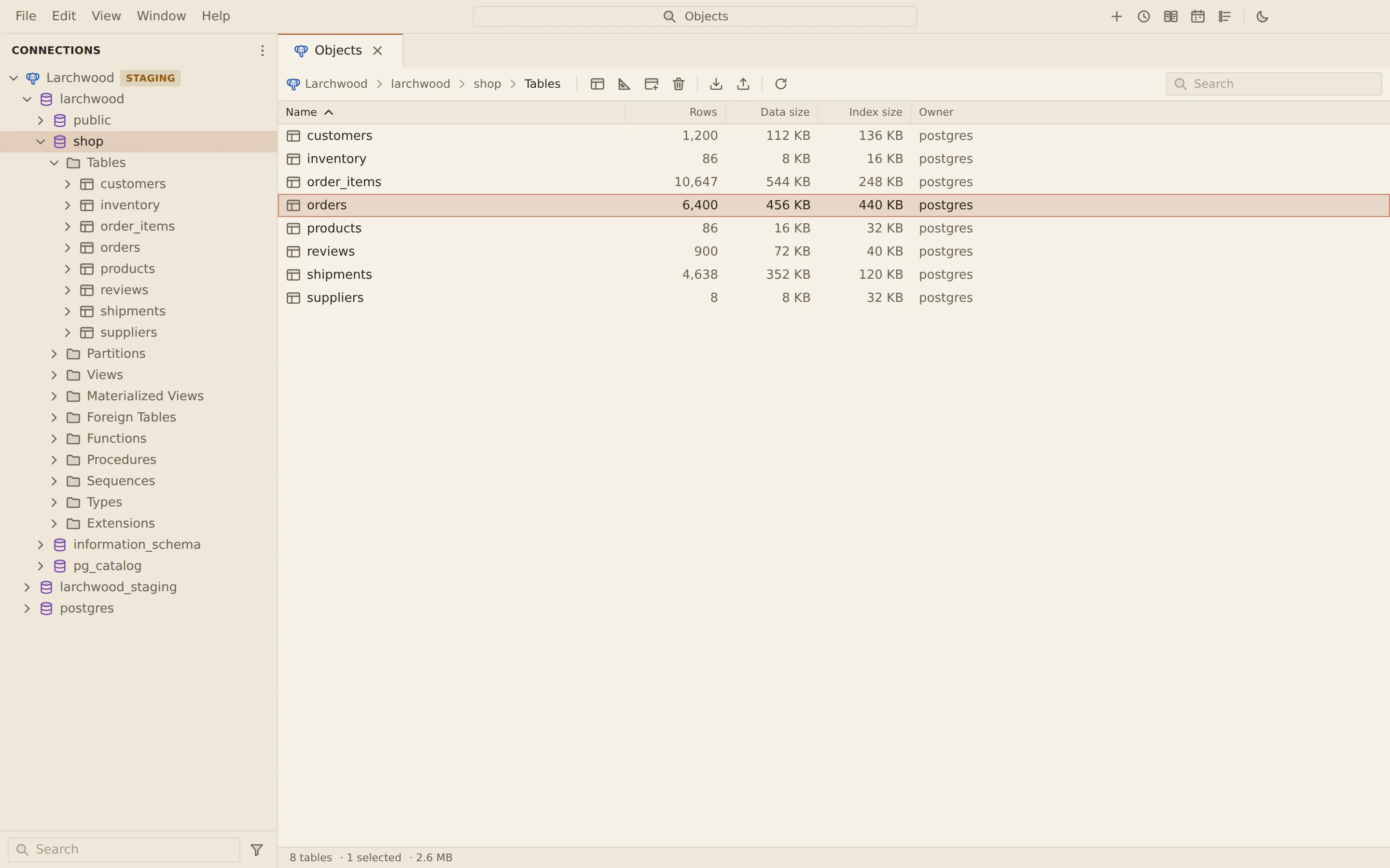 The Objects tab for larchwood › shop › Tables, listing the schema's eight tables with their row counts, data size, index size and owner. The orders row is selected, and the status bar reads 8 tables, 1 selected, 2.6 MB.