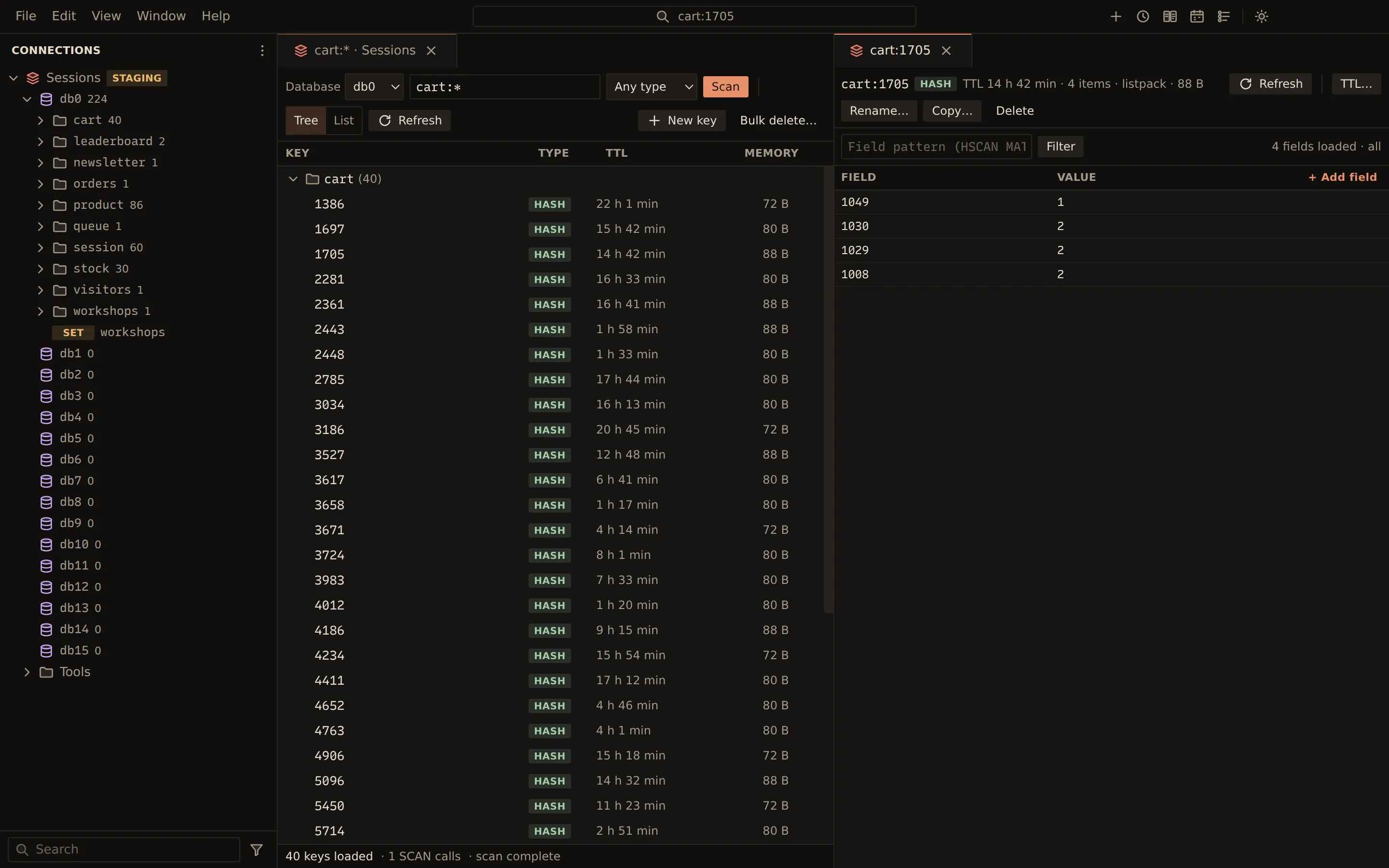 The Redis key browser on the cart namespace with type badges and memory sizes, beside the hash editor for cart:1705 showing its products, quantities and the TTL.