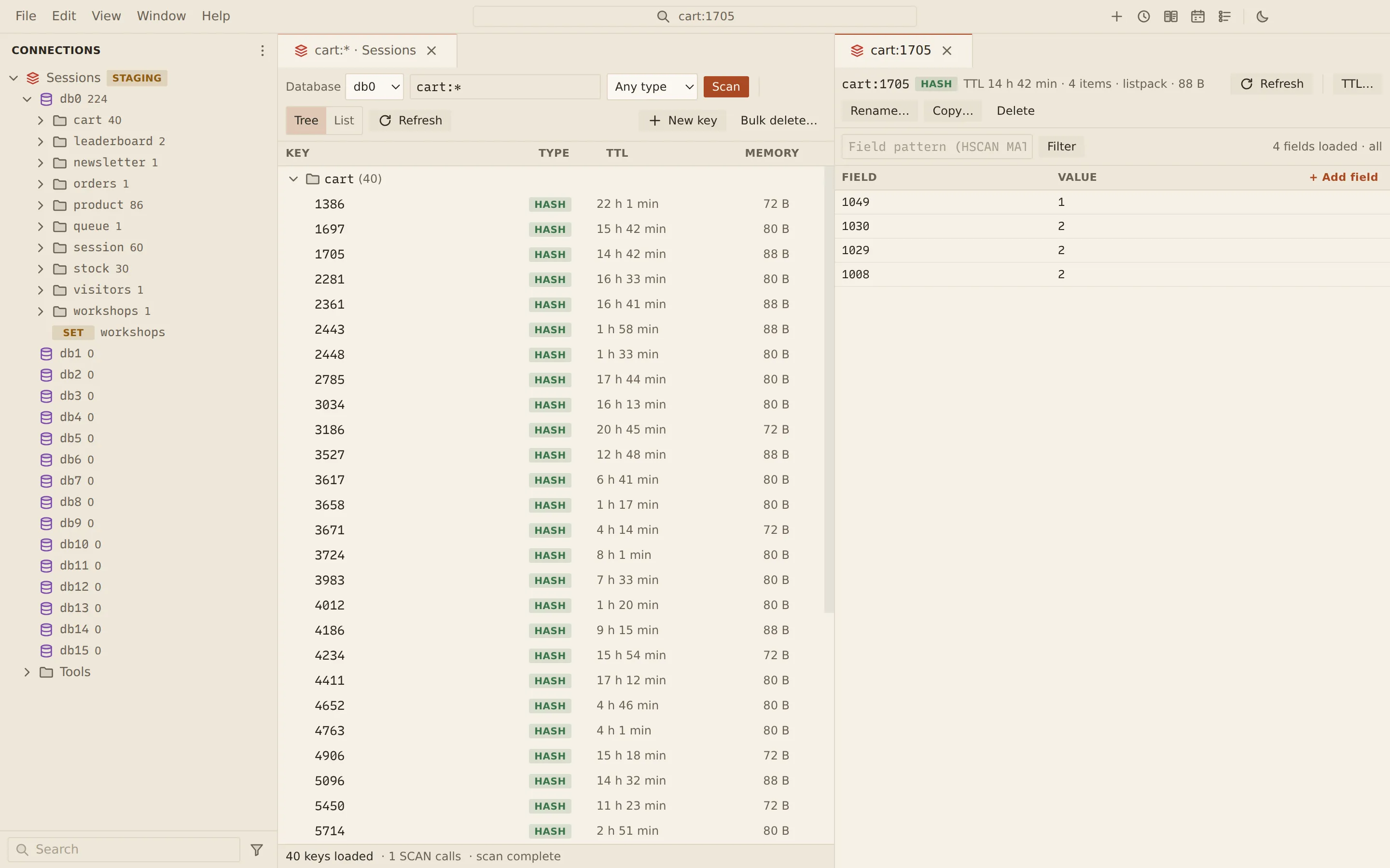 The Redis key browser on the cart namespace with type badges and memory sizes, beside the hash editor for cart:1705 showing its products, quantities and the TTL.