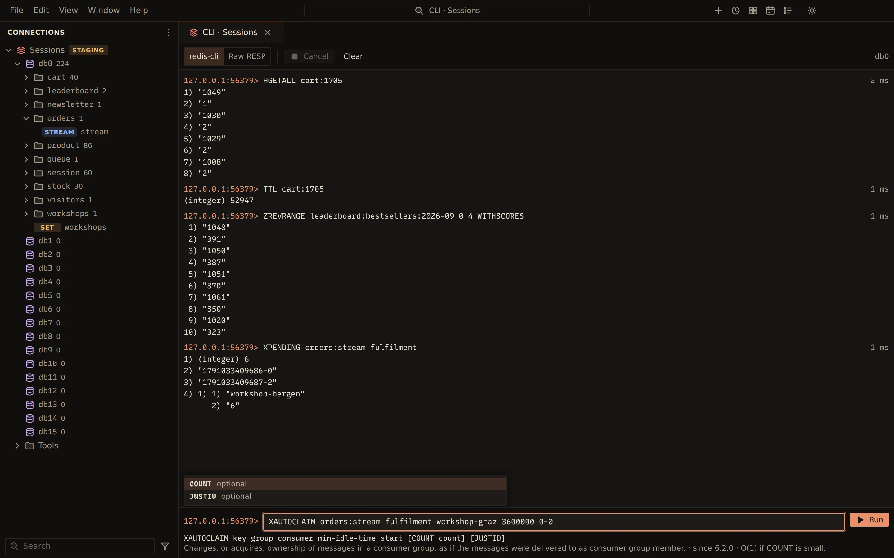 The Redis CLI after HGETALL, TTL, ZREVRANGE and XPENDING commands, with XAUTOCLAIM being typed: its optional COUNT and JUSTID arguments are suggested and its syntax and summary shown below the input.