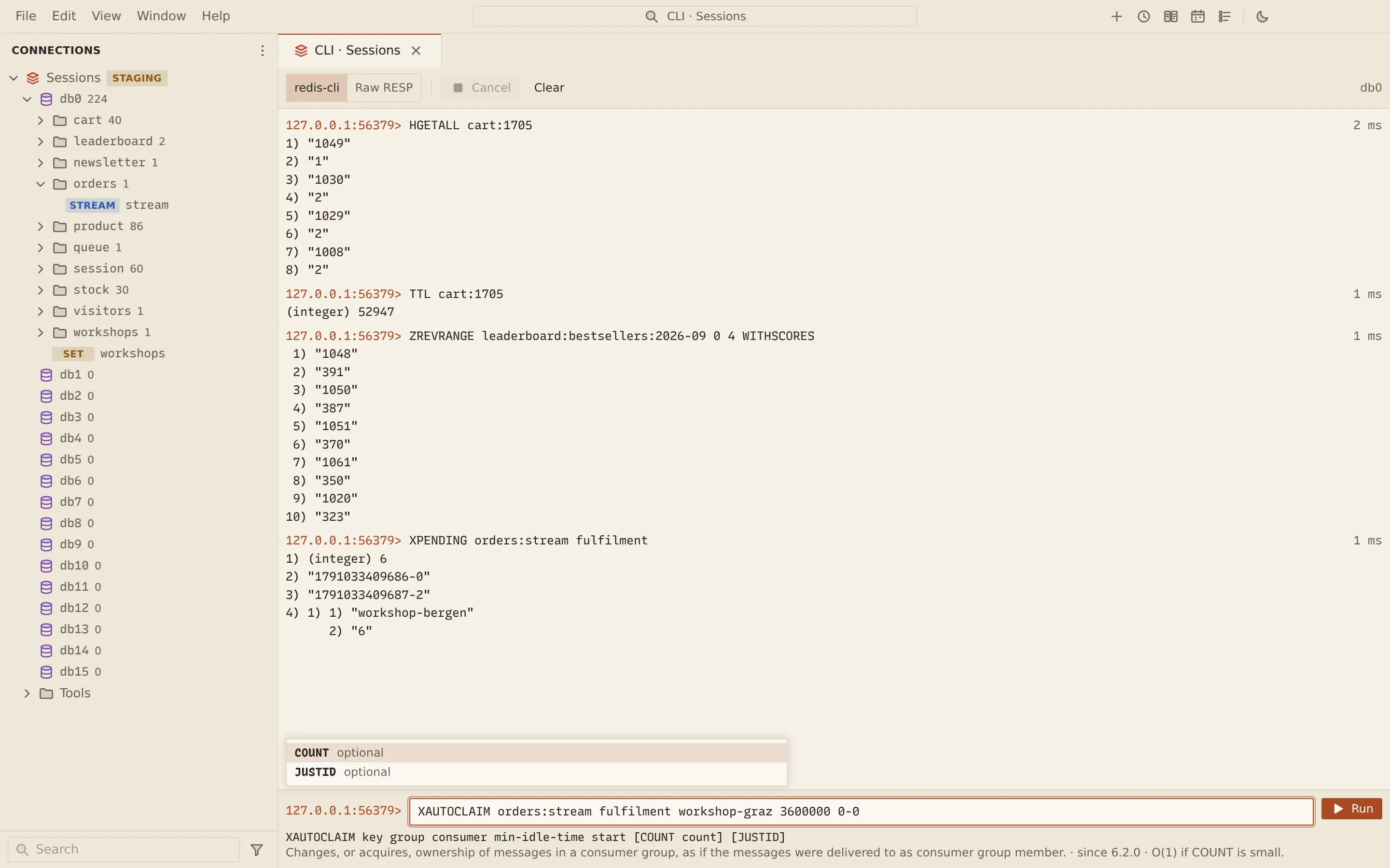 The Redis CLI after HGETALL, TTL, ZREVRANGE and XPENDING commands, with XAUTOCLAIM being typed: its optional COUNT and JUSTID arguments are suggested and its syntax and summary shown below the input.