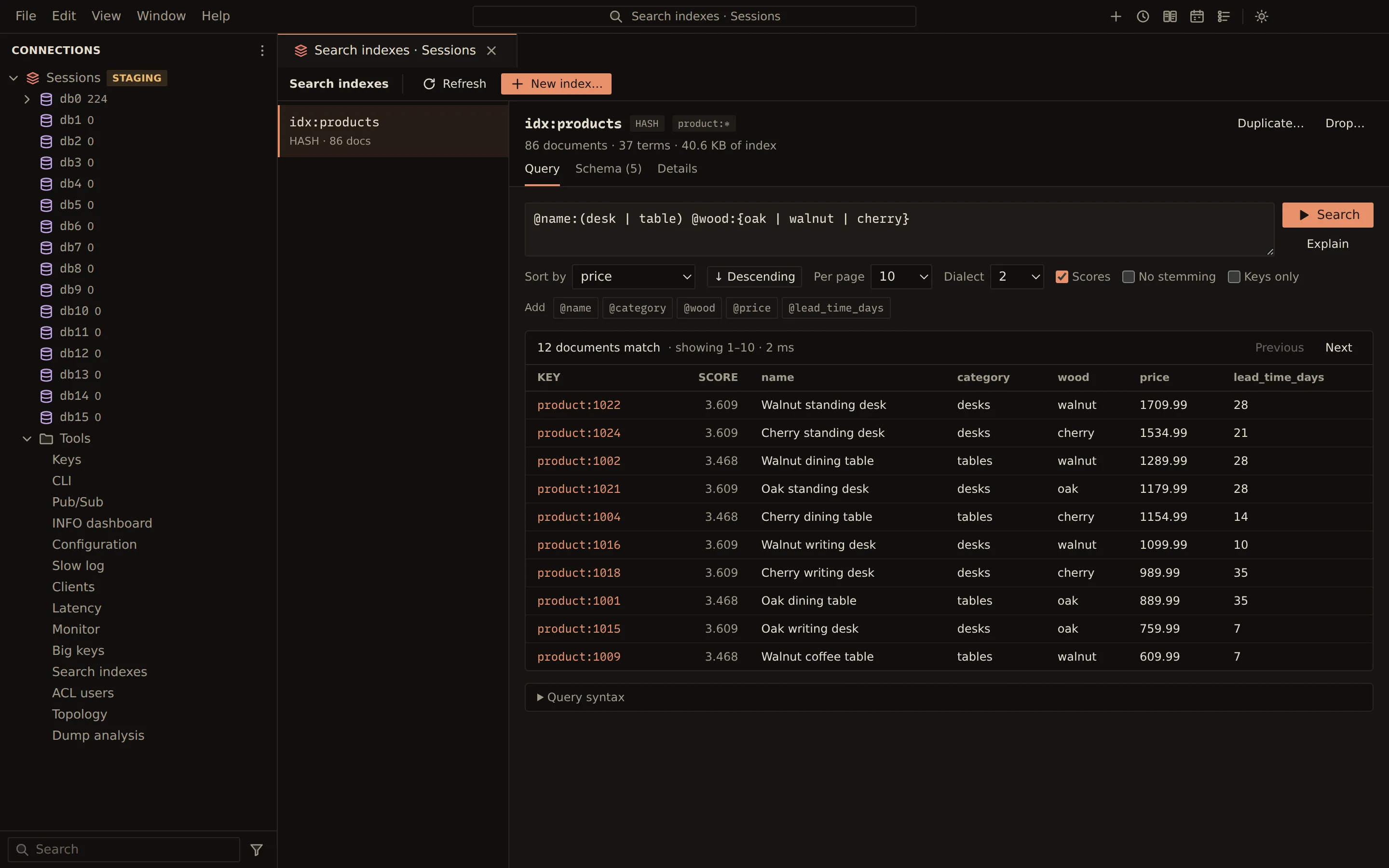 The search index idx:products: its schema figures, a query for tables and desks in oak, walnut or cherry sorted by price with scores, and the matching product hashes in a table.