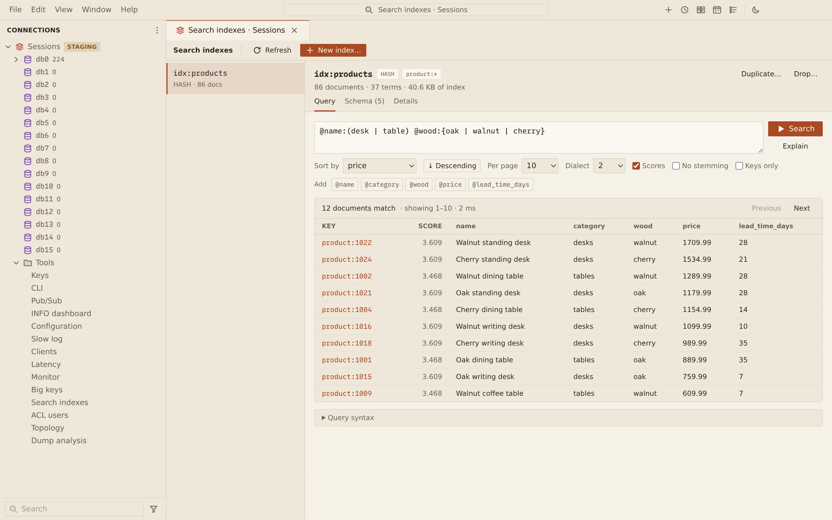 The search index idx:products: its schema figures, a query for tables and desks in oak, walnut or cherry sorted by price with scores, and the matching product hashes in a table.