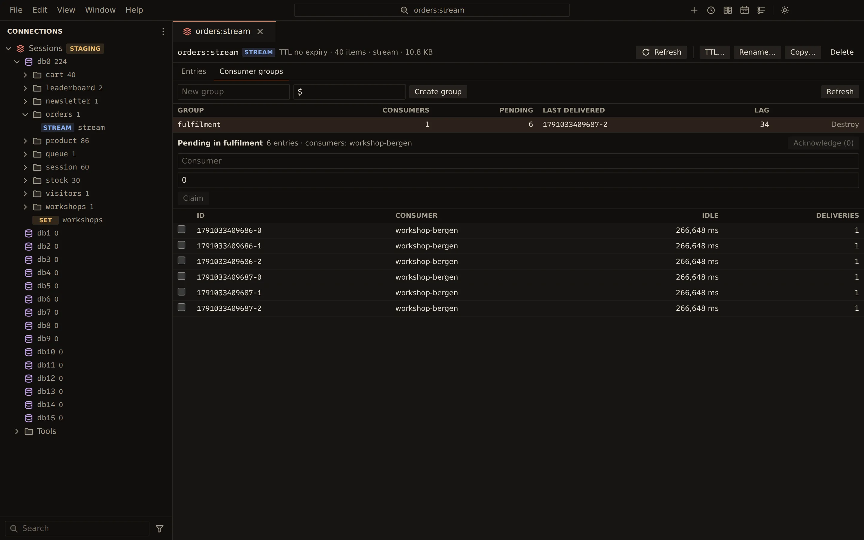 The orders:stream stream editor on the Consumer groups tab: the fulfilment group with one consumer, six pending entries and its lag, and the pending entries listed for workshop-bergen with idle time and delivery counts.