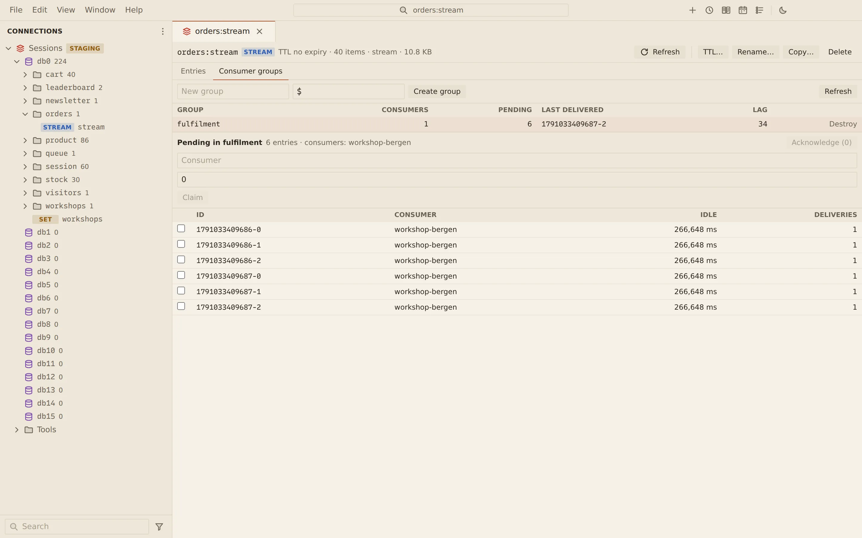 The orders:stream stream editor on the Consumer groups tab: the fulfilment group with one consumer, six pending entries and its lag, and the pending entries listed for workshop-bergen with idle time and delivery counts.