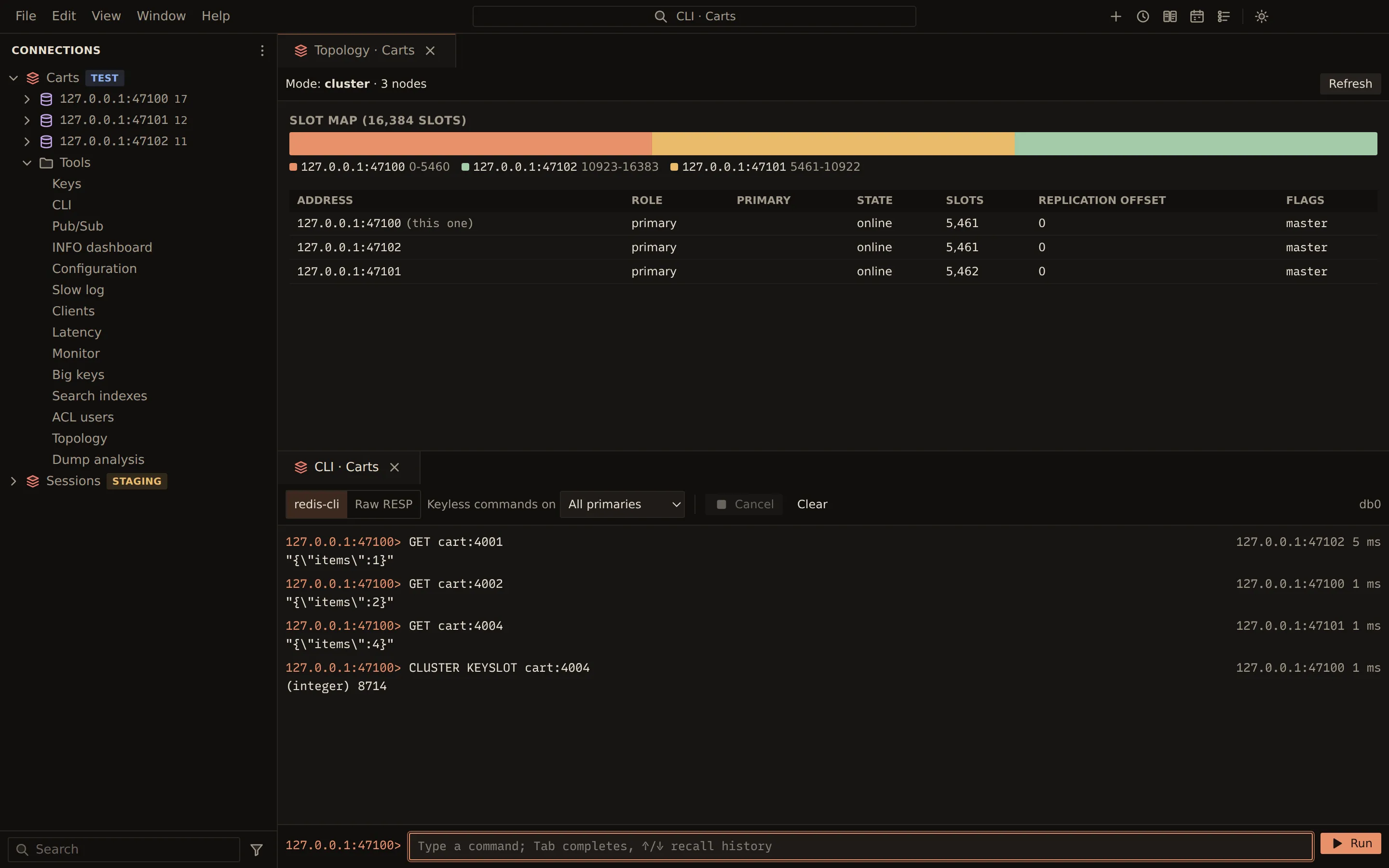 The topology of a three-node Redis Cluster: the slot map split across the three primaries and the node table, above a CLI whose commands are each answered by the node that owns the key's slot.