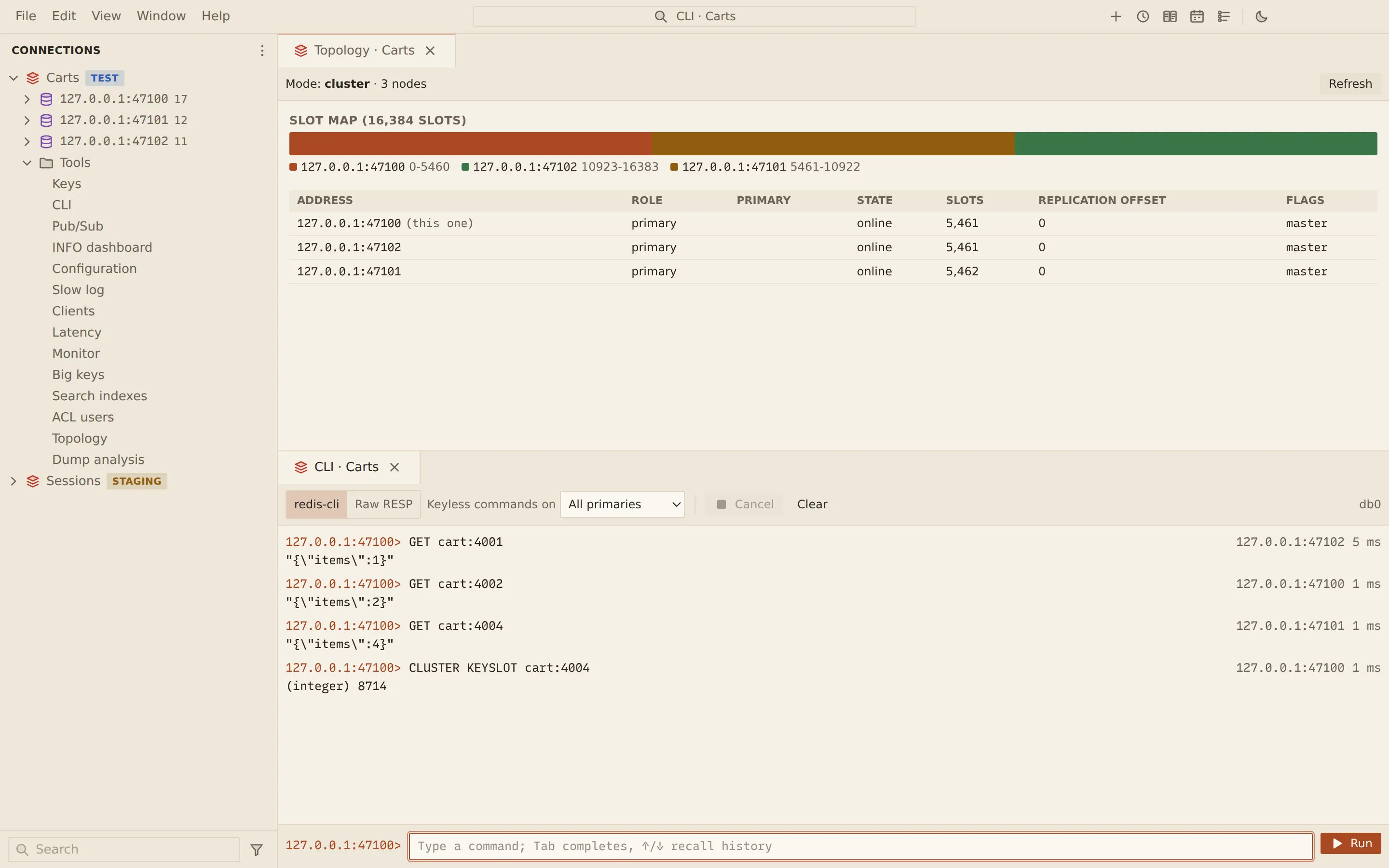 The topology of a three-node Redis Cluster: the slot map split across the three primaries and the node table, above a CLI whose commands are each answered by the node that owns the key's slot.