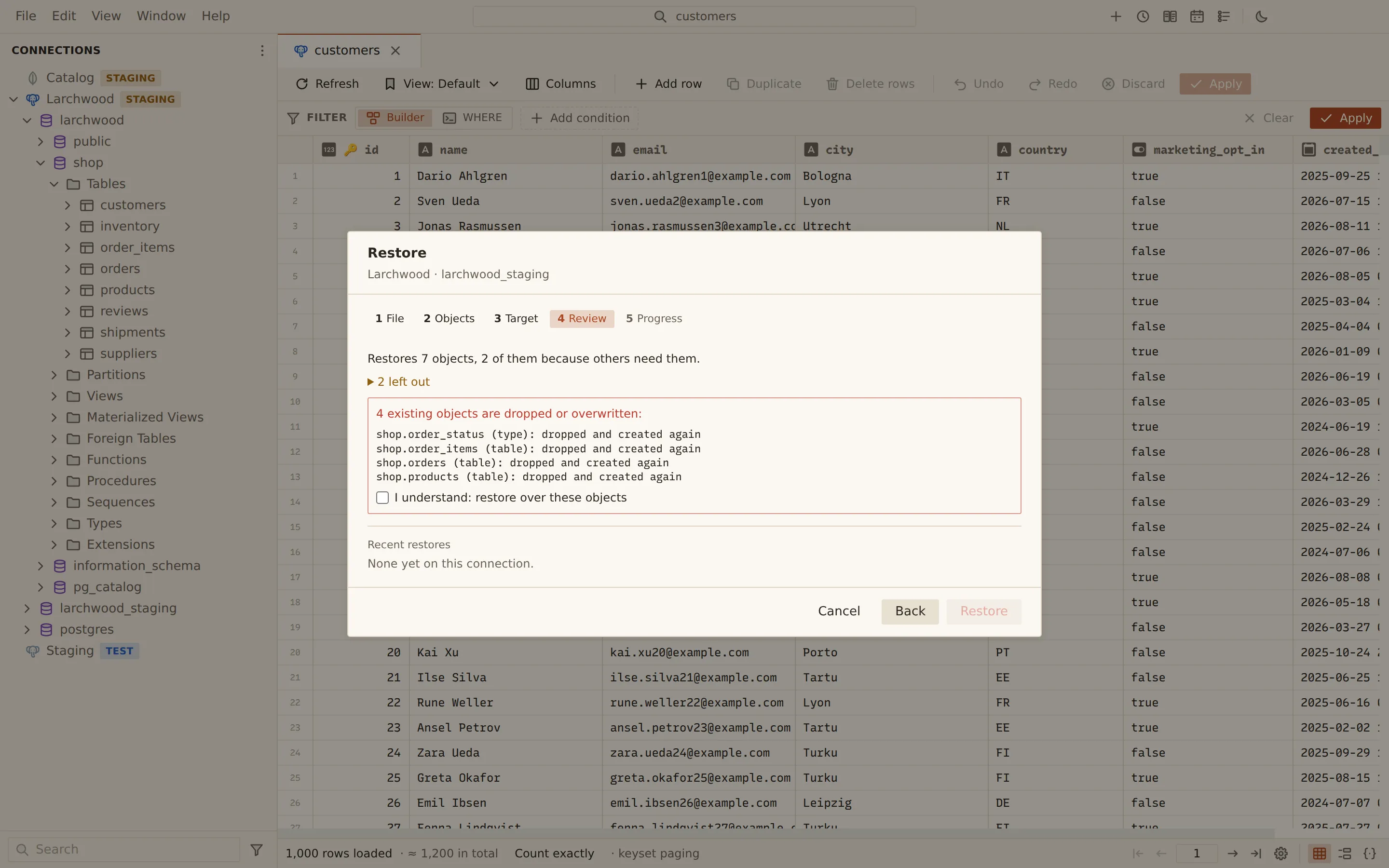 Restore wizard, Review step, into the existing staging database: seven objects to restore, two left out, and a red list of the four existing objects that would be dropped and created again, behind an I understand checkbox.
