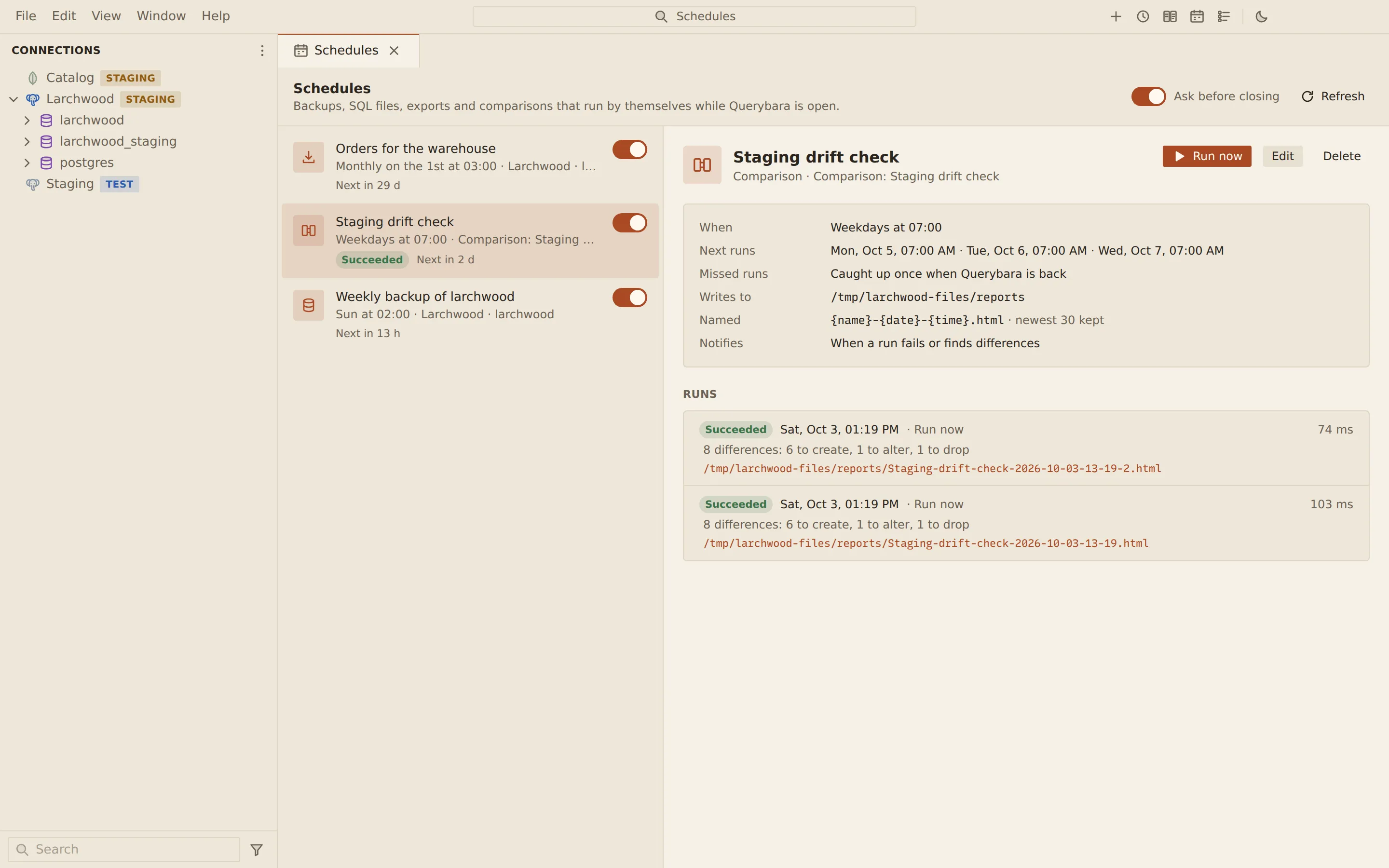 Schedules panel listing a monthly Parquet export, a weekday staging drift check and a weekly backup, each with an on switch, and the drift check's details: when it runs, where its reports go, and two successful runs that found eight differences.