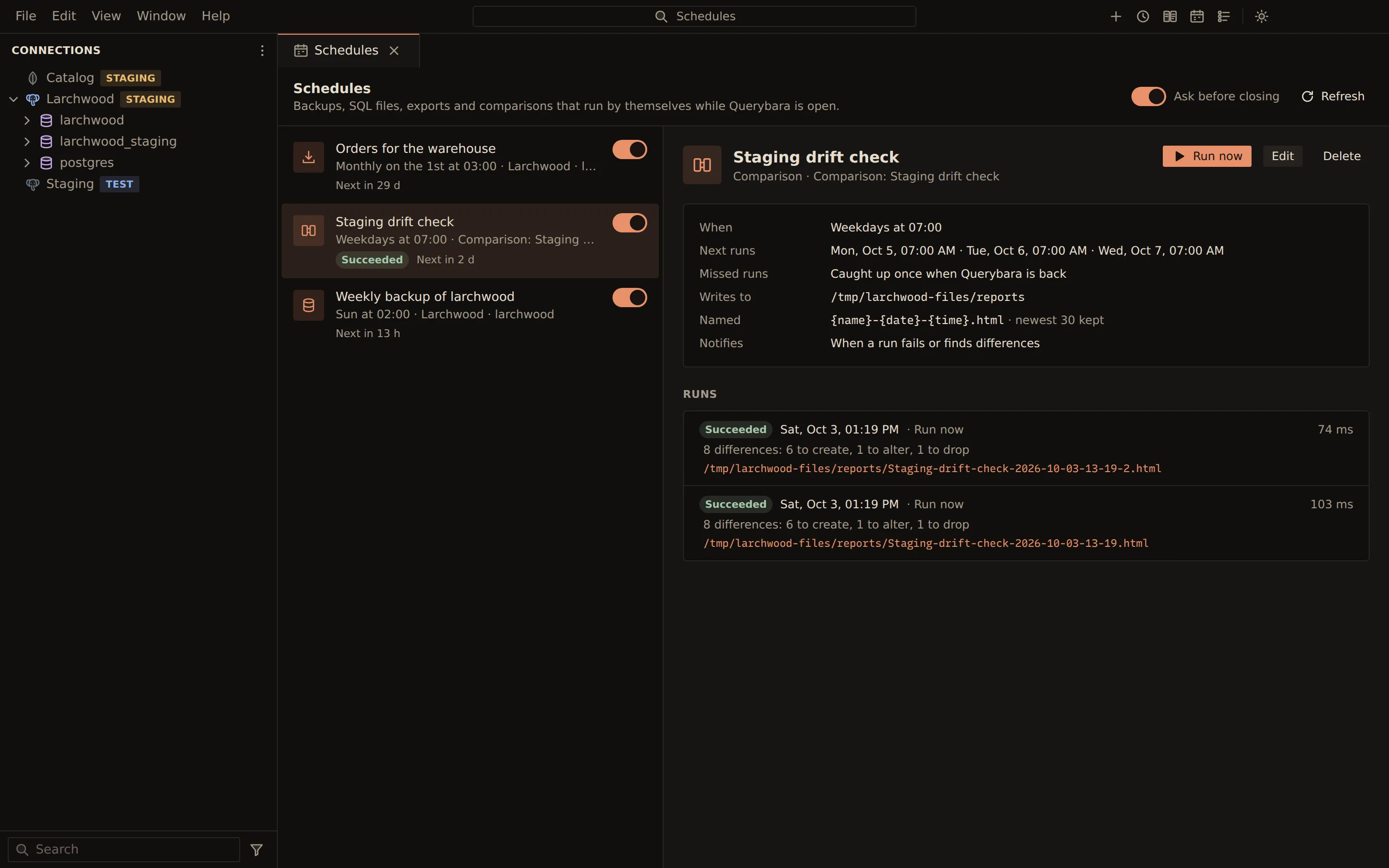 Schedules panel listing a monthly Parquet export, a weekday staging drift check and a weekly backup, each with an on switch, and the drift check's details: when it runs, where its reports go, and two successful runs that found eight differences.