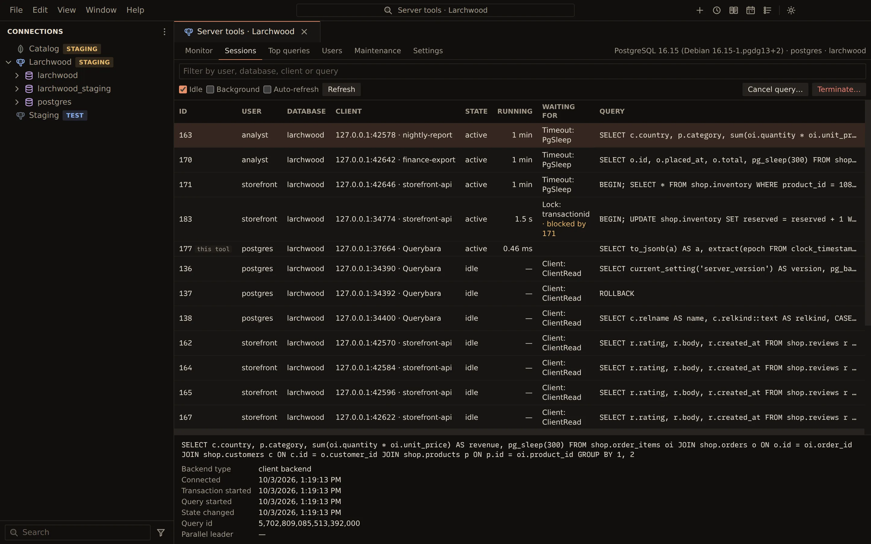 PostgreSQL sessions list with users, client applications, state, running time and wait events, including a storefront session blocked by another's row lock; one long report query selected with its full text, and Cancel query and Terminate buttons.